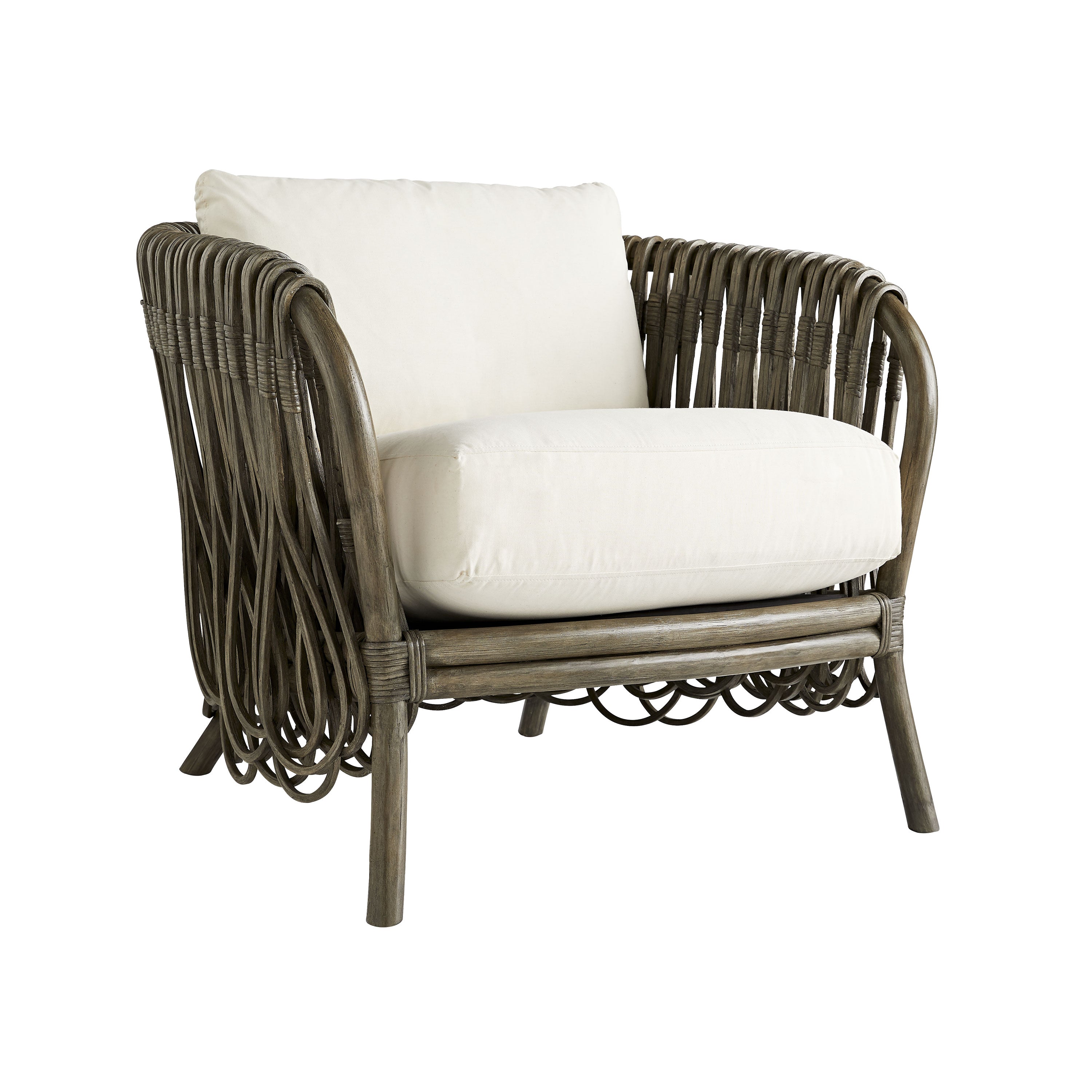 Strata Lounge Chair in Muslin featuring a gray wash rattan frame and plush cushions, showcasing intricate overlapping patterns.