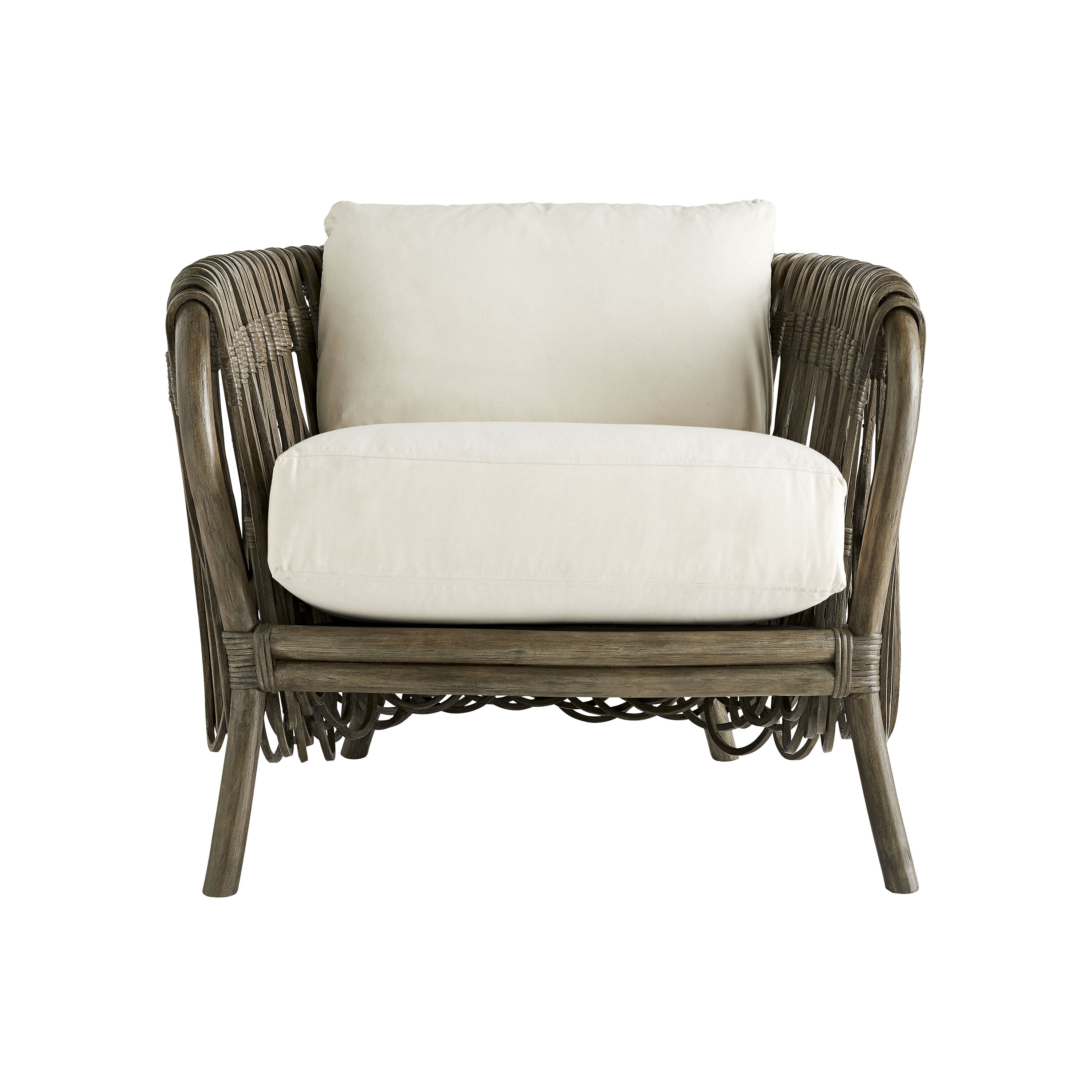 Strata Lounge Chair in Muslin featuring a gray wash rattan frame and plush cushions, showcasing intricate overlapping patterns.