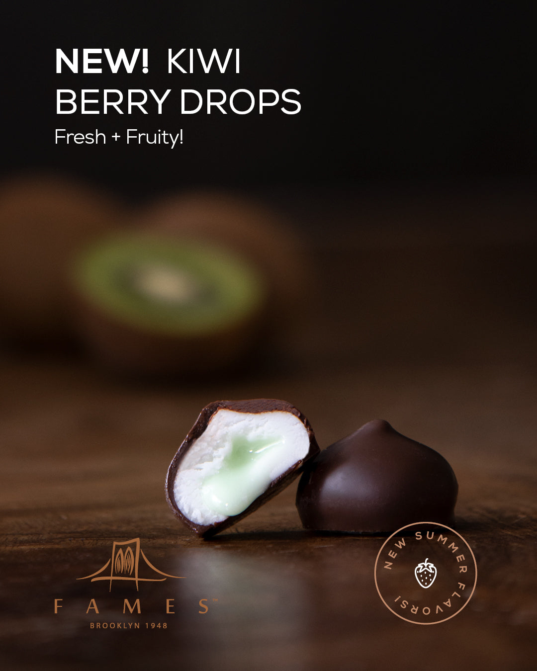 A vibrant display of Strawberry Kiwi Chocolate Drops, showcasing their colorful fruity coating and rich chocolate exterior.