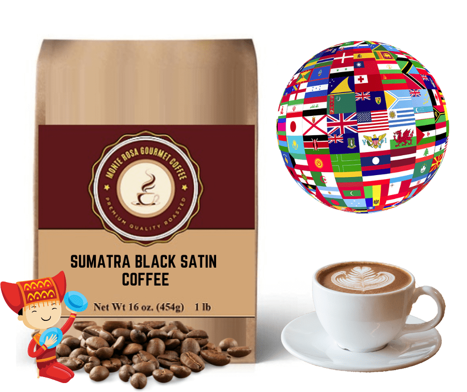 A bag of Sumatra Black Satin Coffee showcasing its rich, dark roast and earthy tones, with coffee beans scattered around.