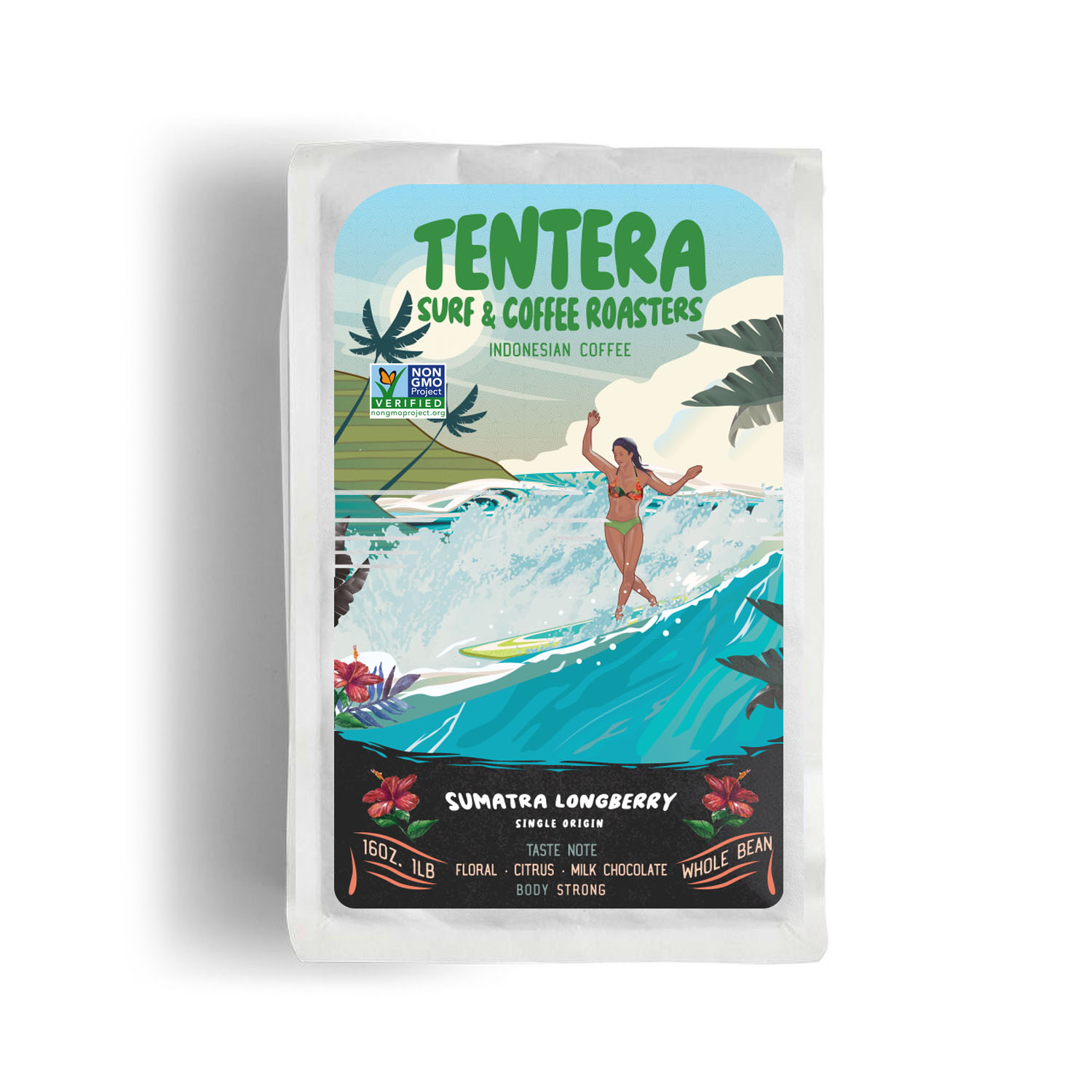 A bag of SUMATRA Longberry coffee featuring floral, citrus, and milk chocolate notes, showcasing its premium quality.