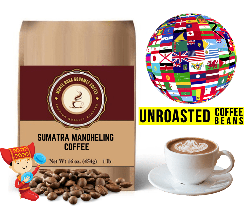 A bag of Sumatra Mandheling Coffee - Green/Unroasted showcasing its rich, earthy tones and premium quality.