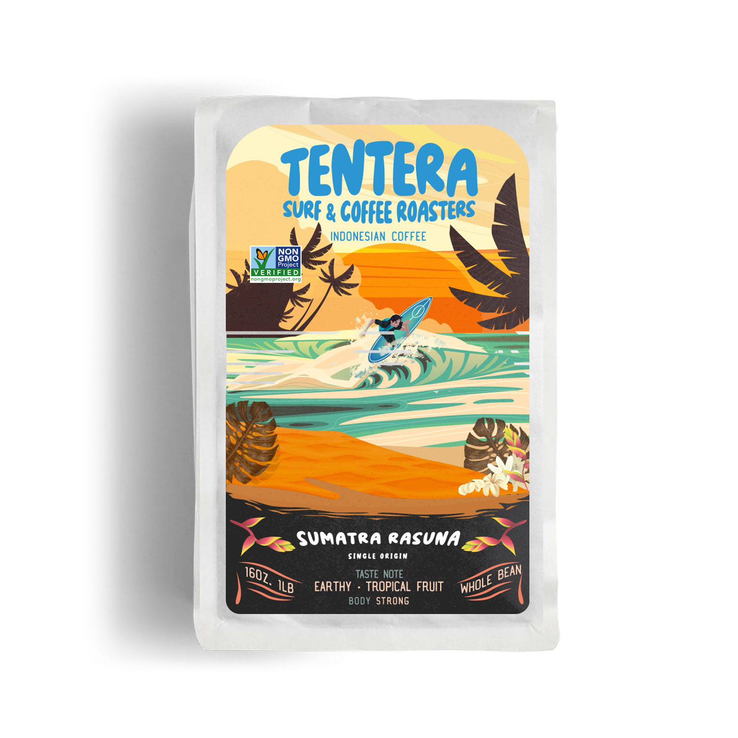 A bag of SUMATRA Rasuna medium roast coffee featuring tropical fruit notes and earthy undertones, sourced from Rainforest Alliance-certified farms.