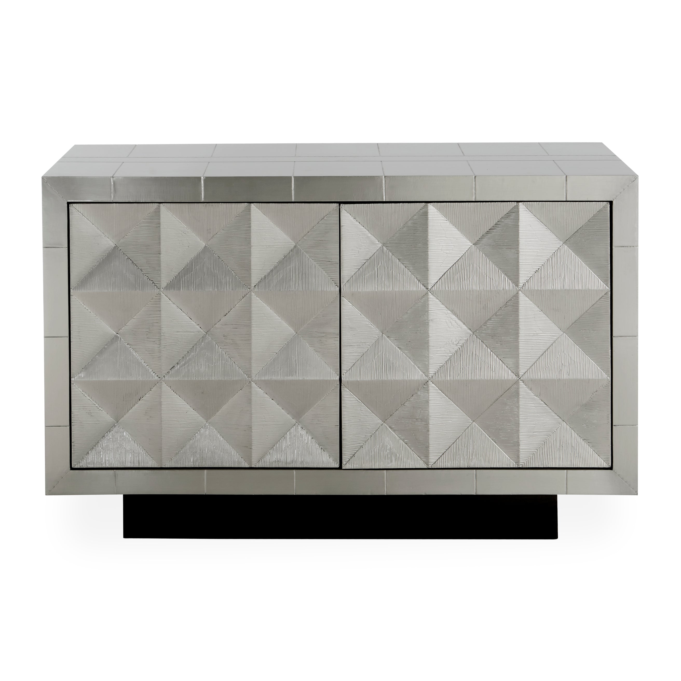 Talitha Two-Door Console in nickel-plated metal with geometric patterns, featuring two drawers and adjustable shelves.