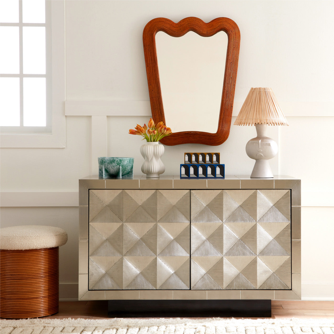 Talitha Two-Door Console in nickel-plated metal with geometric patterns, featuring two drawers and adjustable shelves.