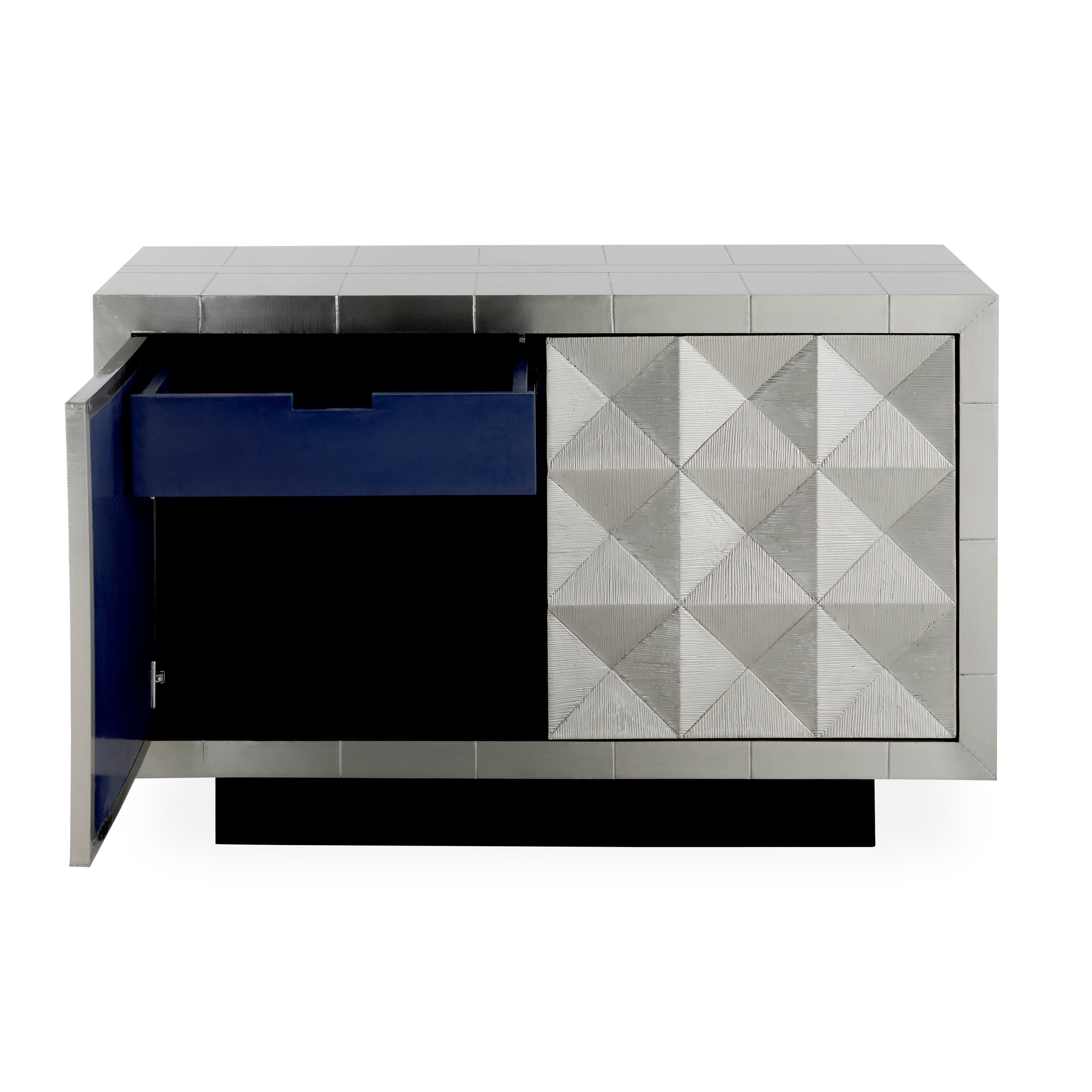 Talitha Two-Door Console in nickel-plated metal with geometric patterns, featuring two drawers and adjustable shelves.