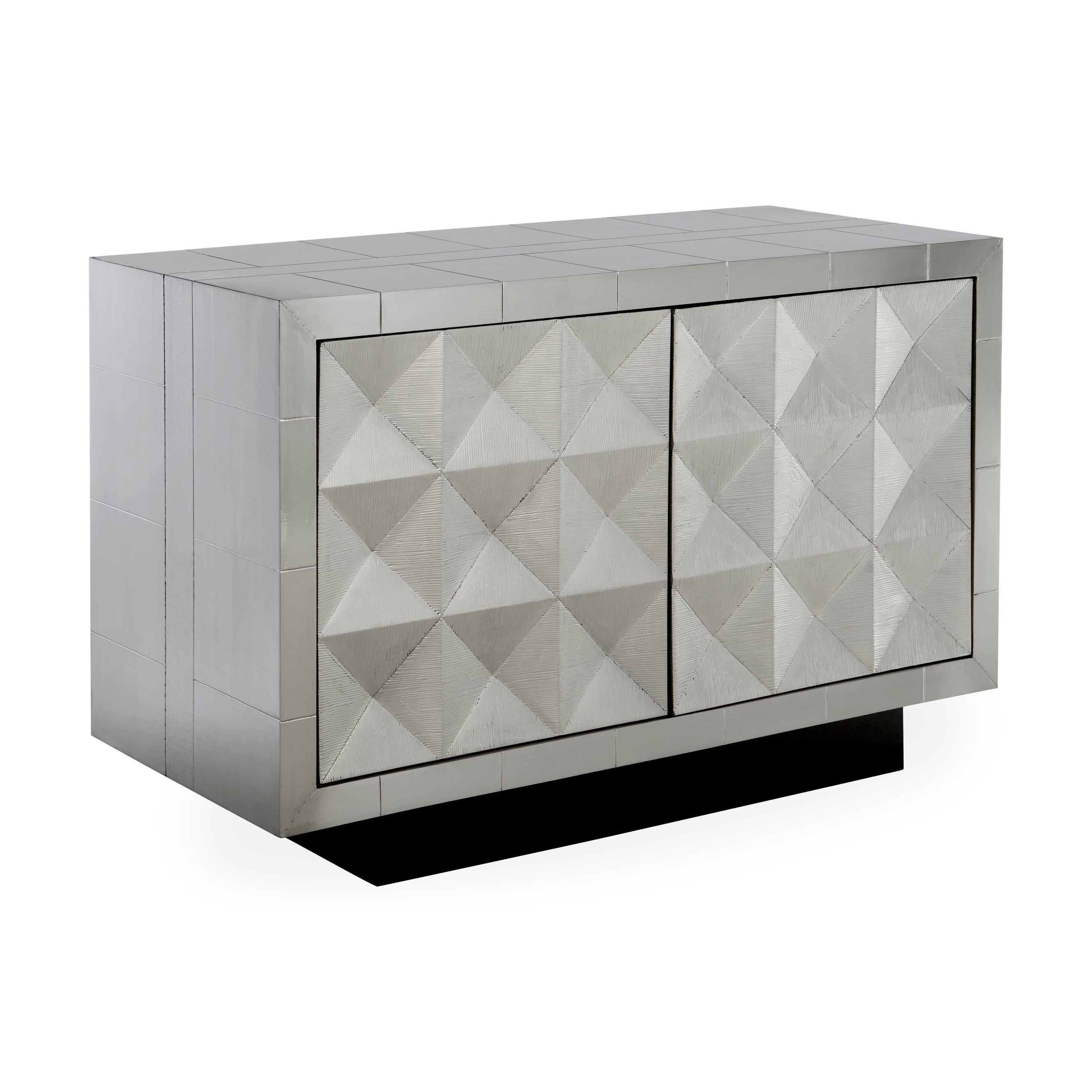 Talitha Two-Door Console in nickel-plated metal with geometric patterns, featuring two drawers and adjustable shelves.