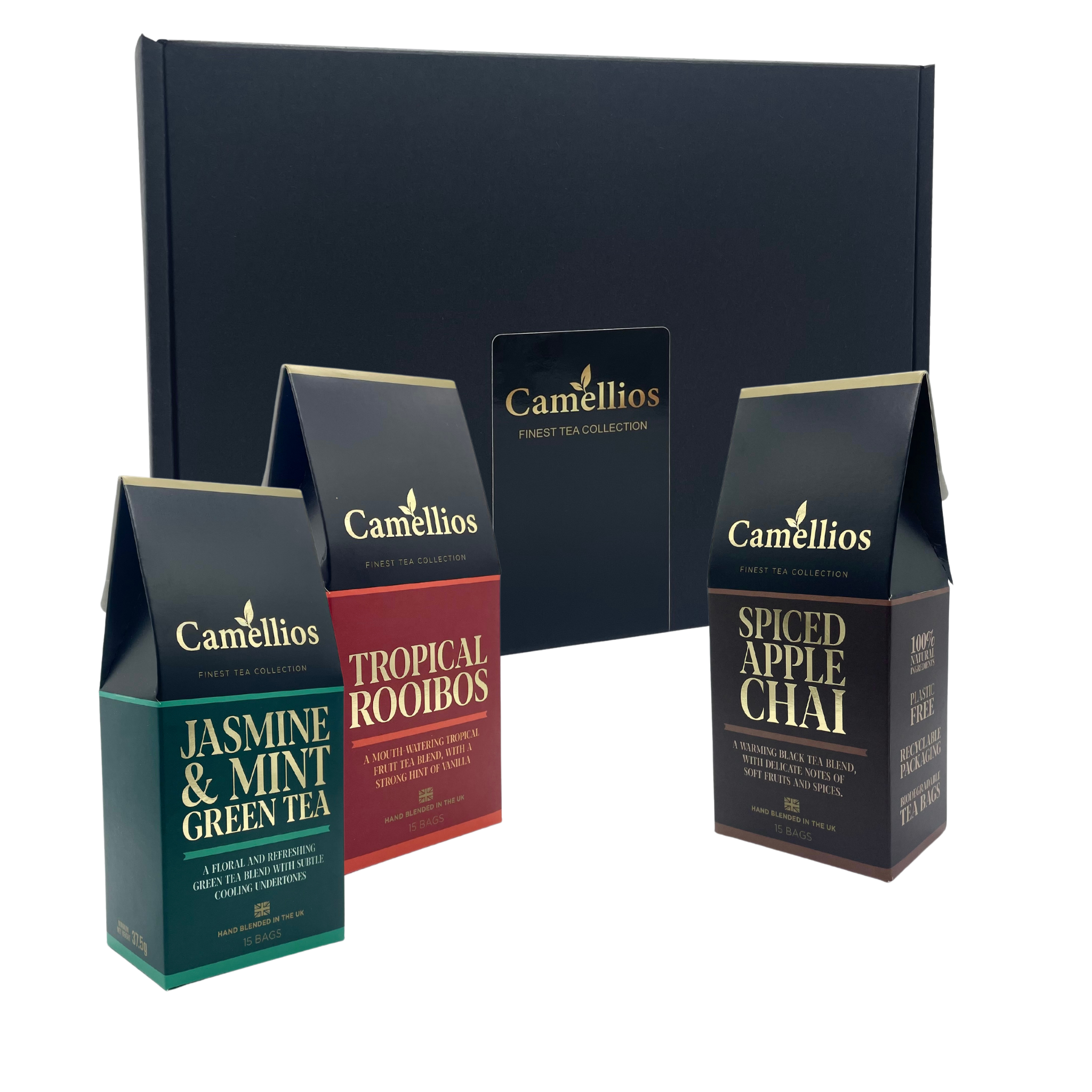 A beautifully arranged Tea Gift Box containing three exotic tea blends in pyramid tea bags, elegantly packaged in a Camellios gift box.