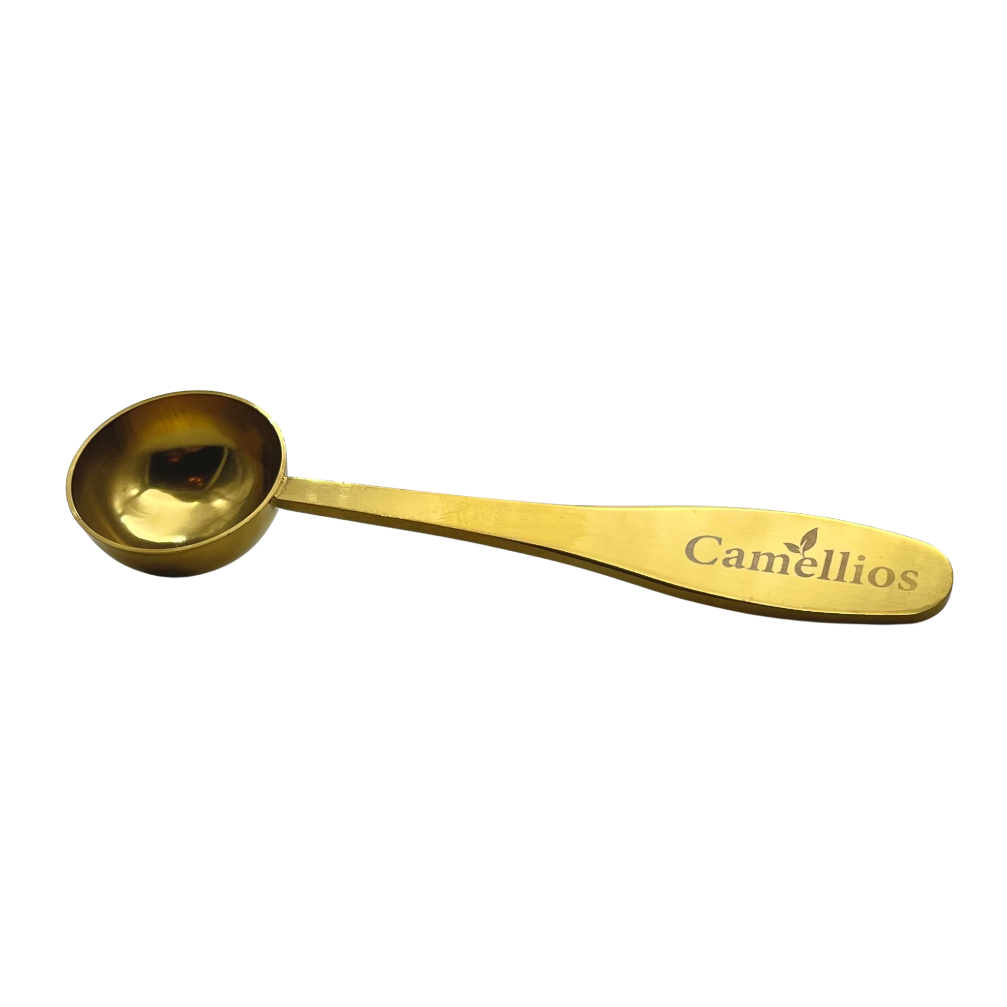 A sleek gold stainless steel tea measuring spoon engraved with the Camellios logo, designed for precise loose leaf tea measurements.