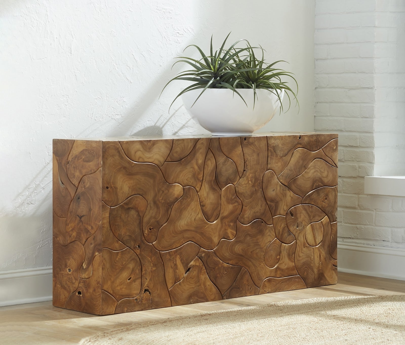 Teak Slice Console Table showcasing natural wood grain and craftsmanship, perfect for modern and rustic interiors.