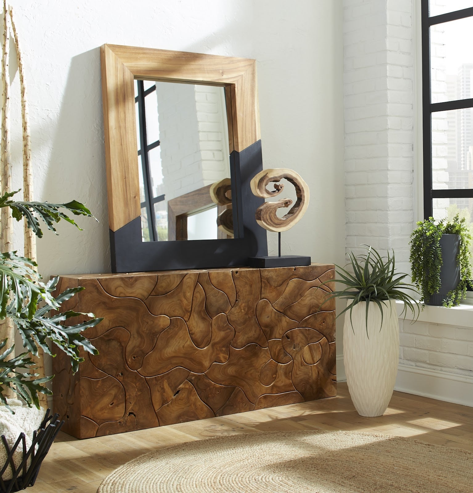 Teak Slice Console Table showcasing natural wood grain and craftsmanship, perfect for modern and rustic interiors.