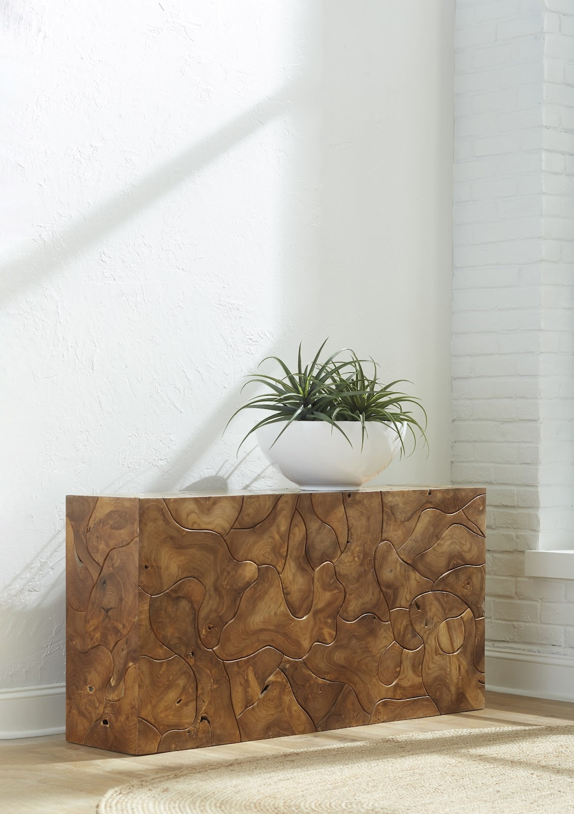 Teak Slice Console Table showcasing natural wood grain and craftsmanship, perfect for modern and rustic interiors.