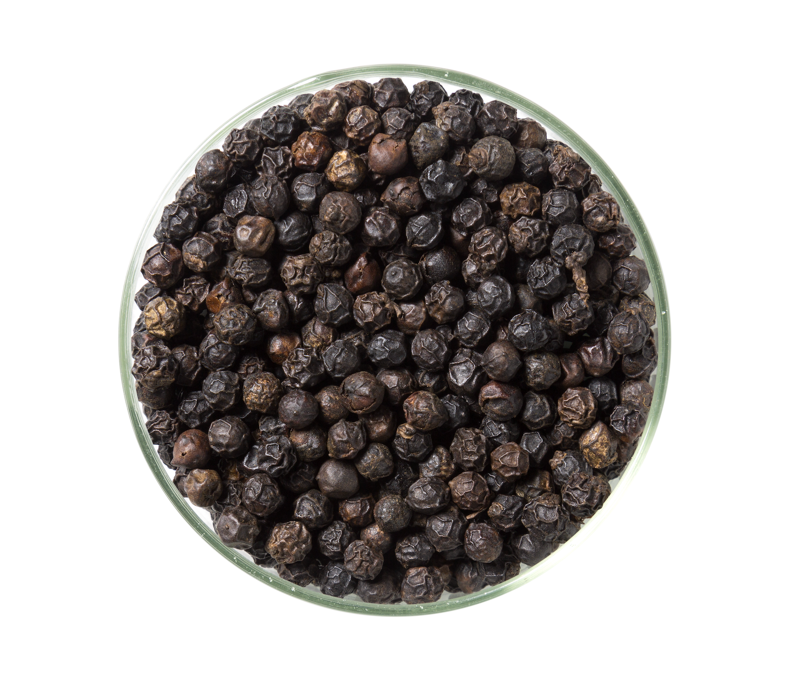 A close-up of Tellicherry peppercorns in an ecopack, showcasing their bold size and rich color.