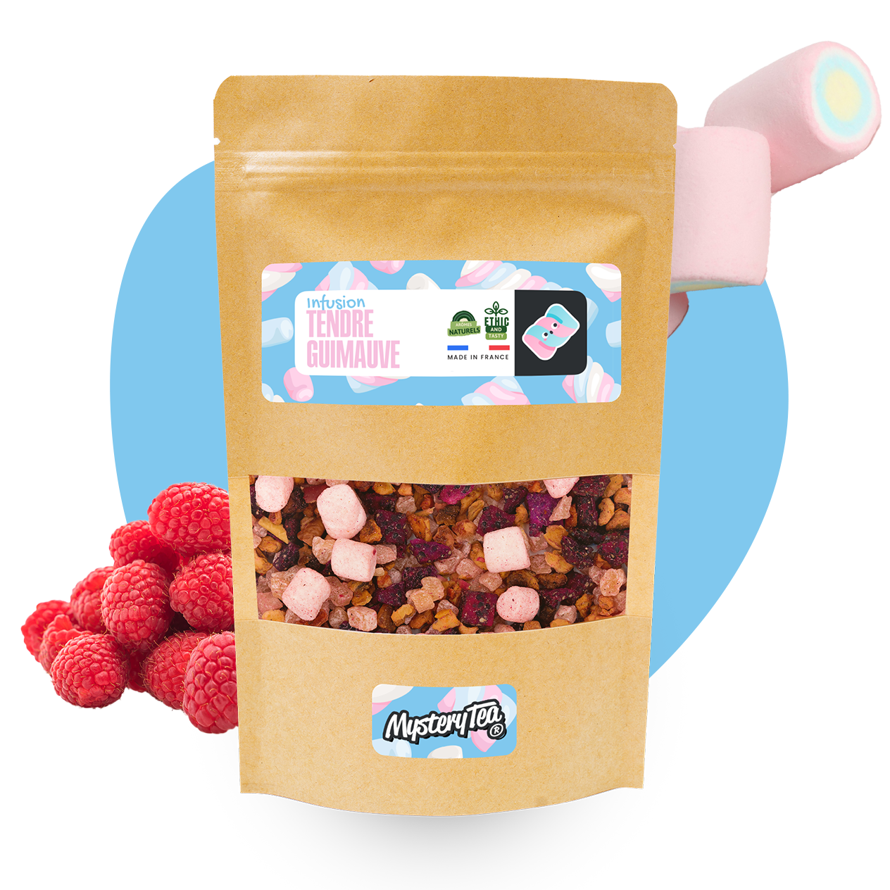 Tendre Guimauve - 100g, infusion avec des morceaux de framboise, ananas et guimauve, dans un emballage coloré et attrayant.