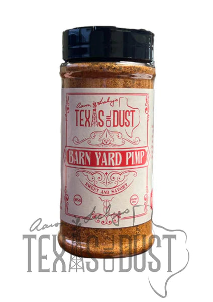 Texas Oil Dust Barn Yard Pimp gluten-free chicken rub in a jar, showcasing its rich blend of spices and vibrant packaging.