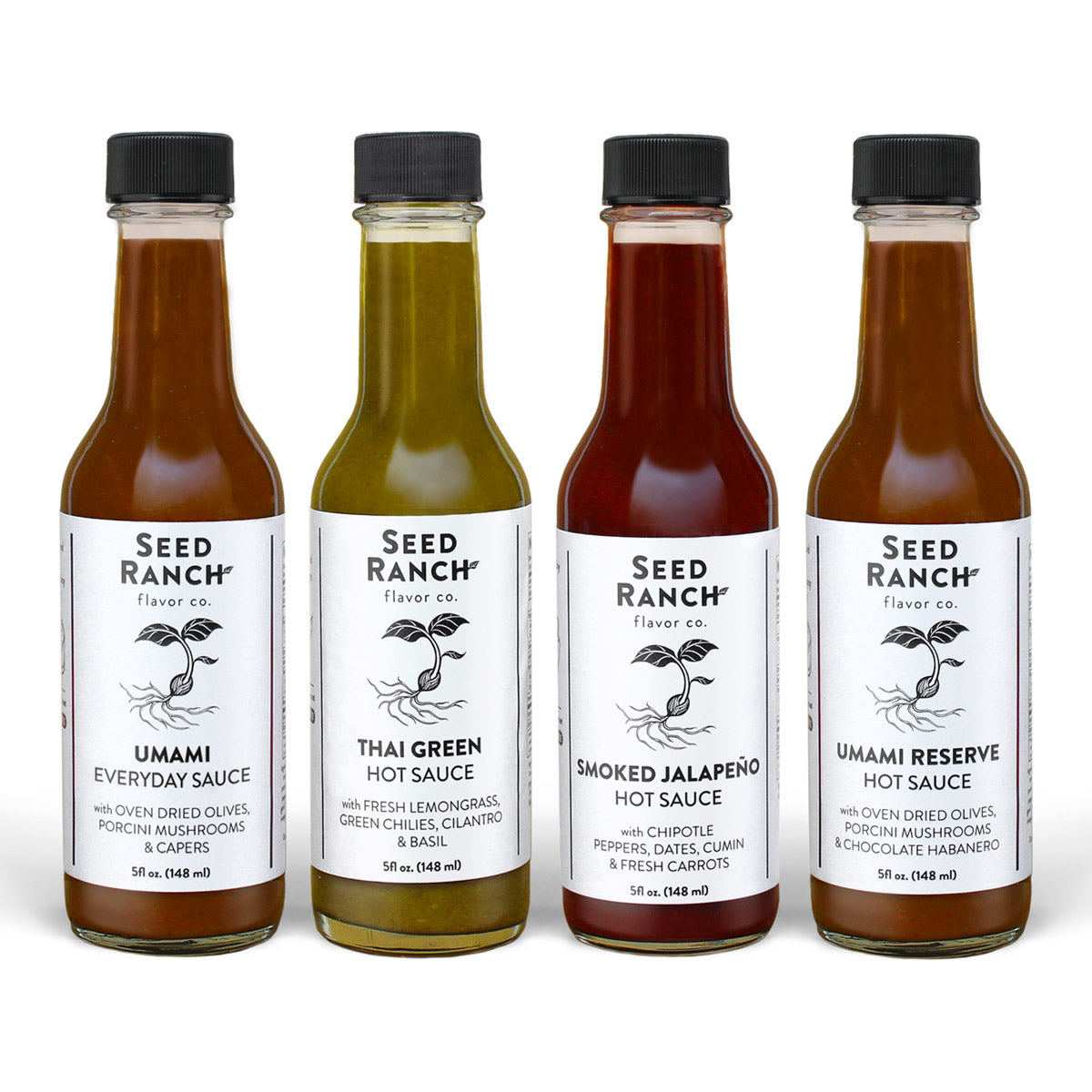 A collection of four unique sauces from Seed Ranch Flavor Co., showcasing Umami Everyday Sauce, Smoked Jalapeño, Thai Green, and Umami Reserve.