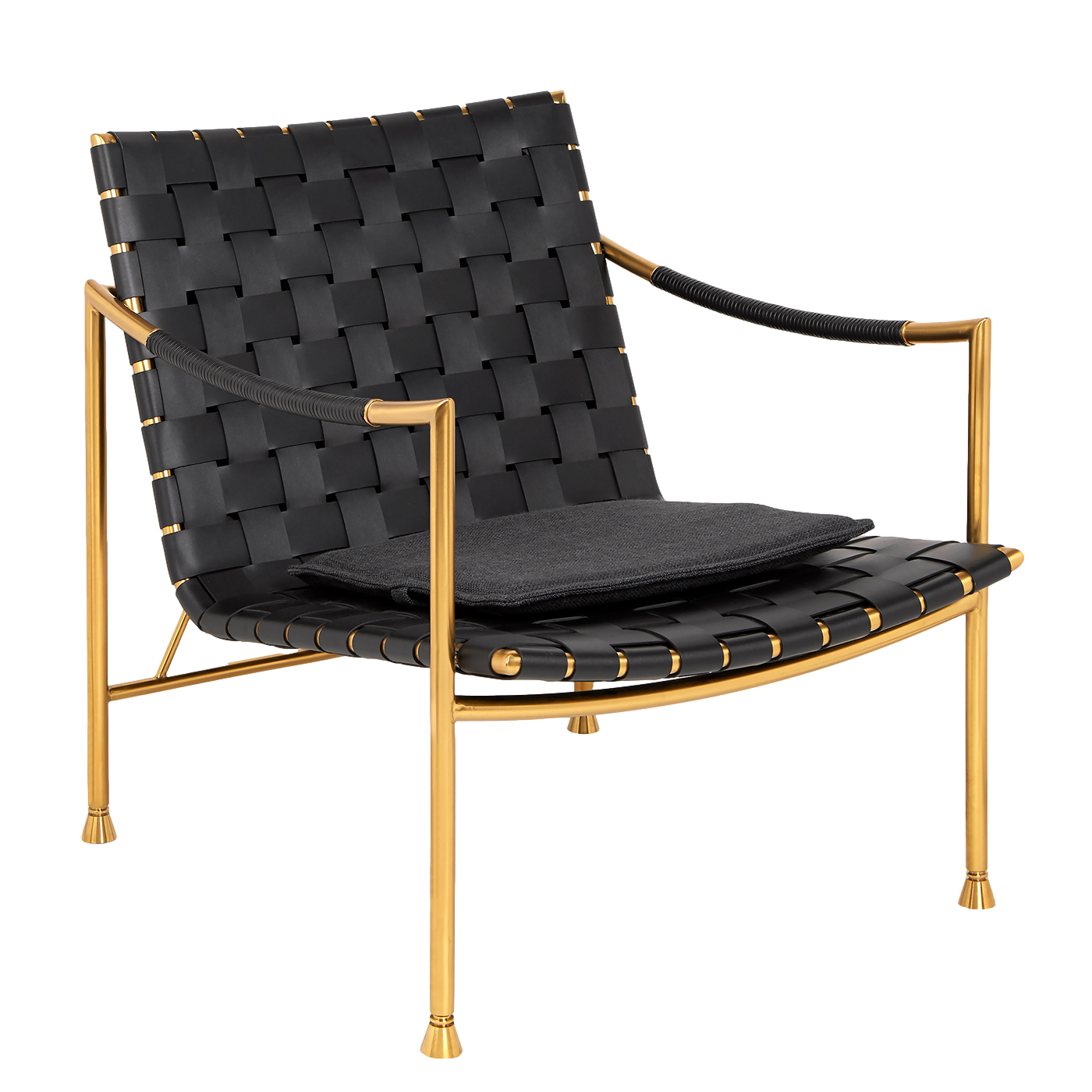 Thebes Lounge Chair featuring a brass frame, black leather seat, and removable cushion, showcasing modern elegance and comfort.