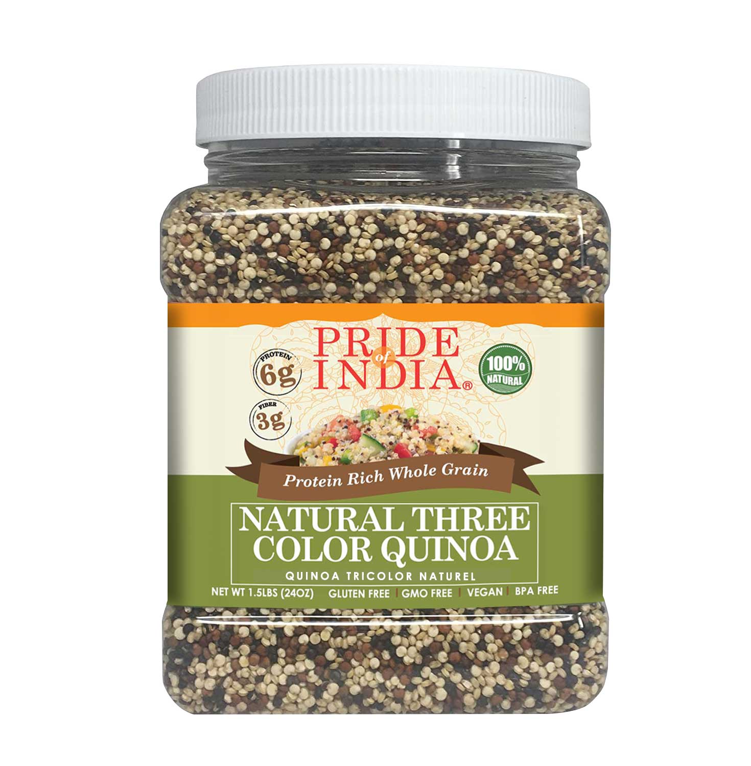 A jar of Three Color Quinoa showcasing a blend of black, white, and red quinoa grains, highlighting its nutritious and vibrant appearance.