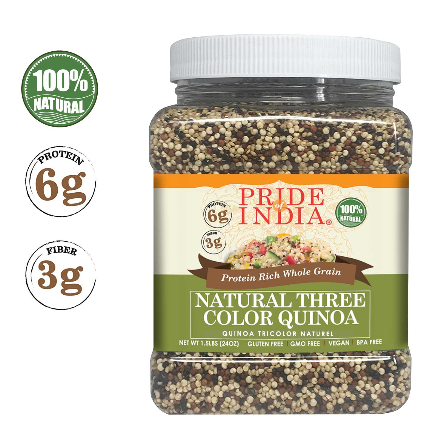 A jar of Three Color Quinoa showcasing a blend of black, white, and red quinoa grains, highlighting its nutritious and vibrant appearance.