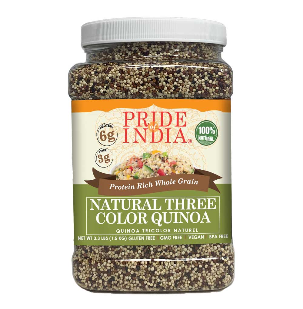 A jar of Three Color Quinoa showcasing a blend of black, white, and red quinoa grains, highlighting its nutritious and vibrant appearance.