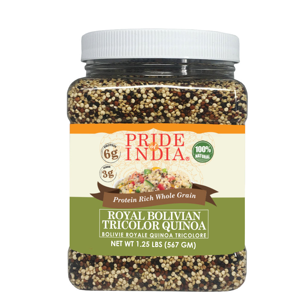 A jar of Three Color Quinoa showcasing a blend of black, white, and red quinoa grains, highlighting its nutritious and vibrant appearance.