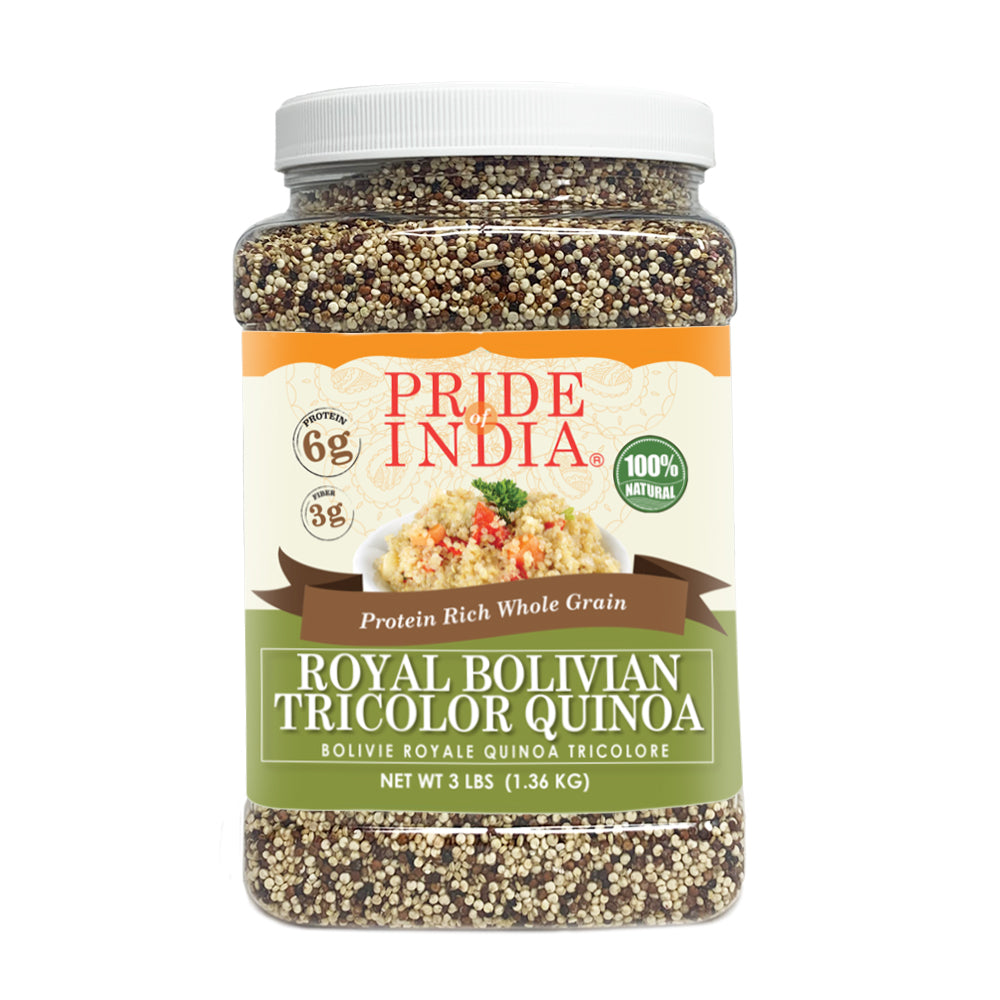 A jar of Three Color Quinoa showcasing a blend of black, white, and red quinoa grains, highlighting its nutritious and vibrant appearance.