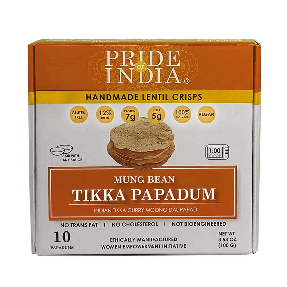 A pack of Tikka Curry Mung Bean Papadum, showcasing the lentil crisps with vibrant colors and textures, ideal for snacking or appetizers.