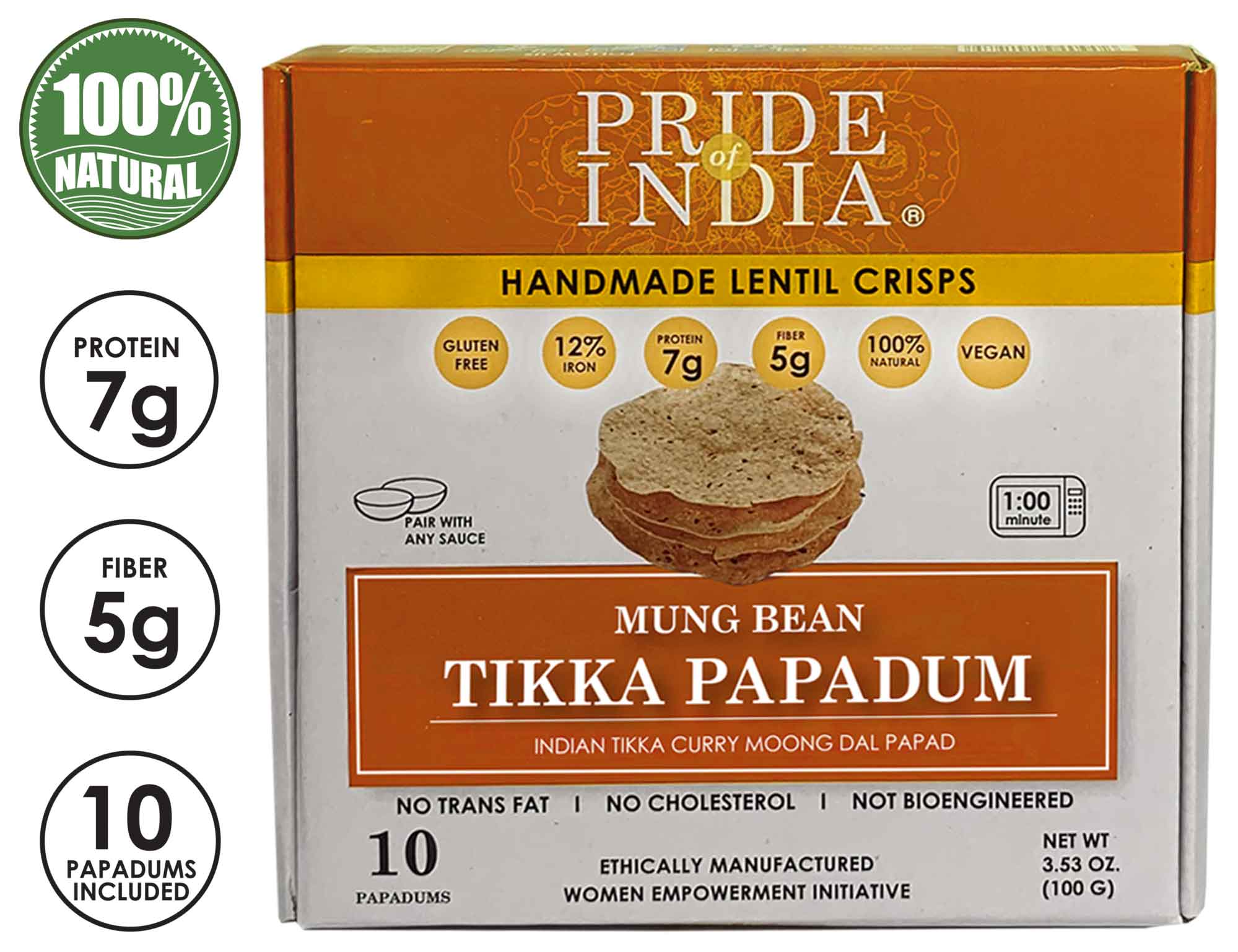 A pack of Tikka Curry Mung Bean Papadum, showcasing the lentil crisps with vibrant colors and textures, ideal for snacking or appetizers.