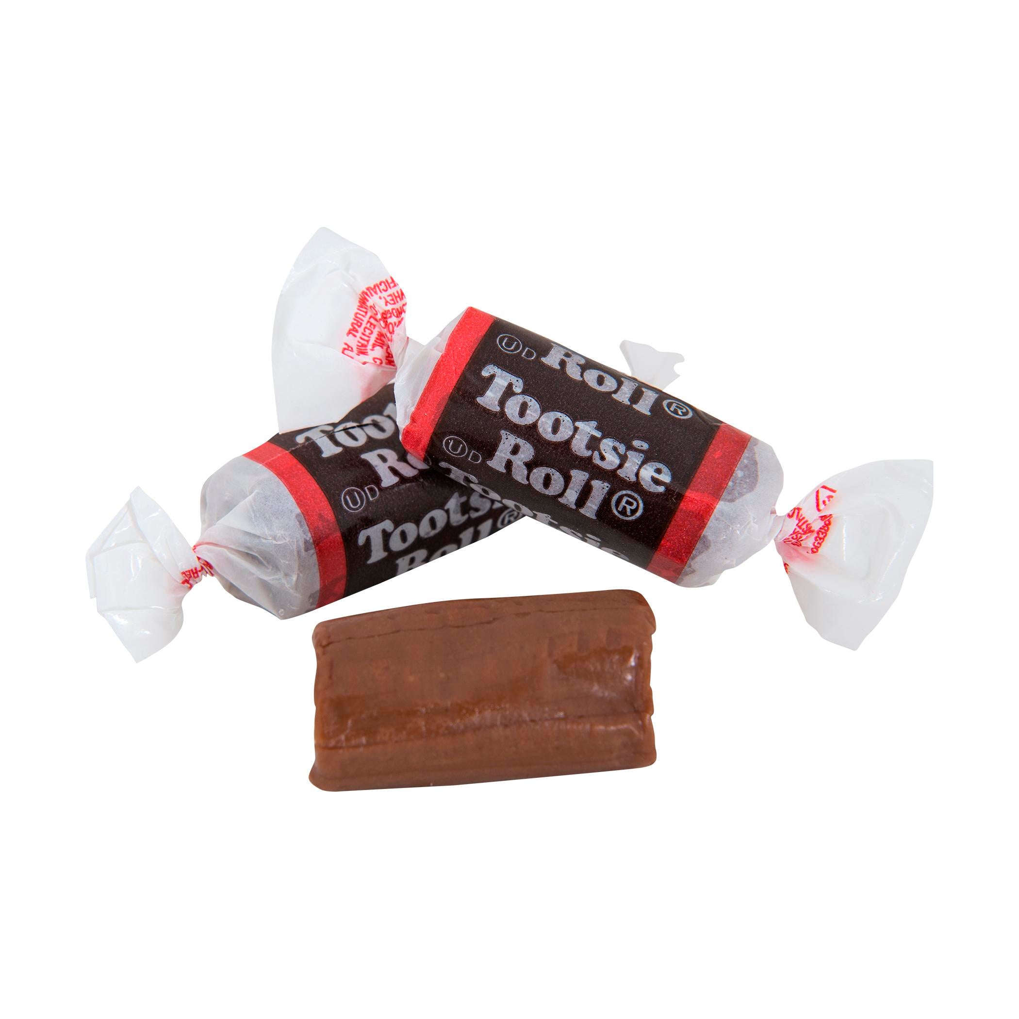 A 5oz container of Tootsie Rolls showcasing the classic chewy chocolate candy inside.