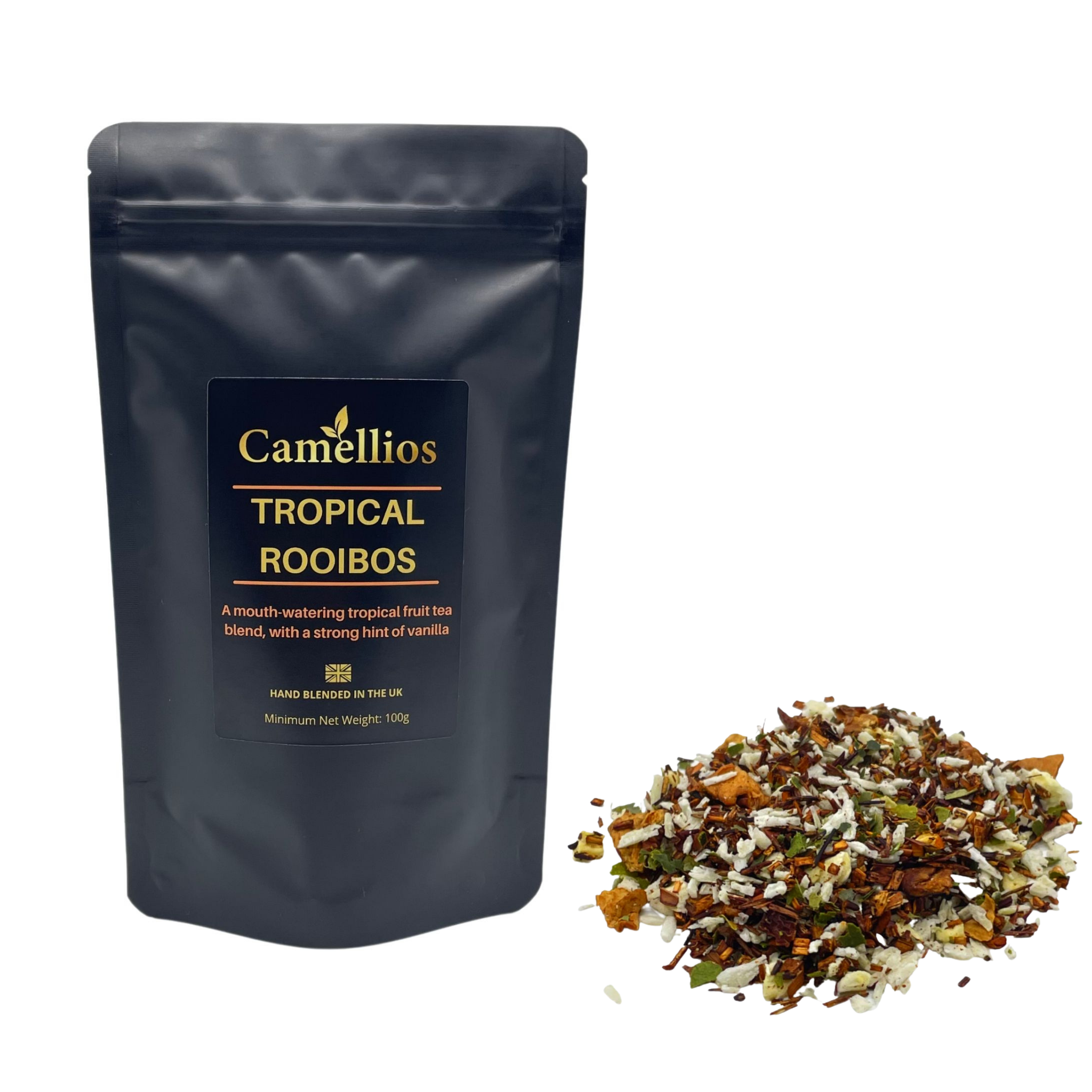 A vibrant display of Tropical Rooibos loose leaf tea with tropical fruits and vanilla pieces, showcasing its colorful ingredients.