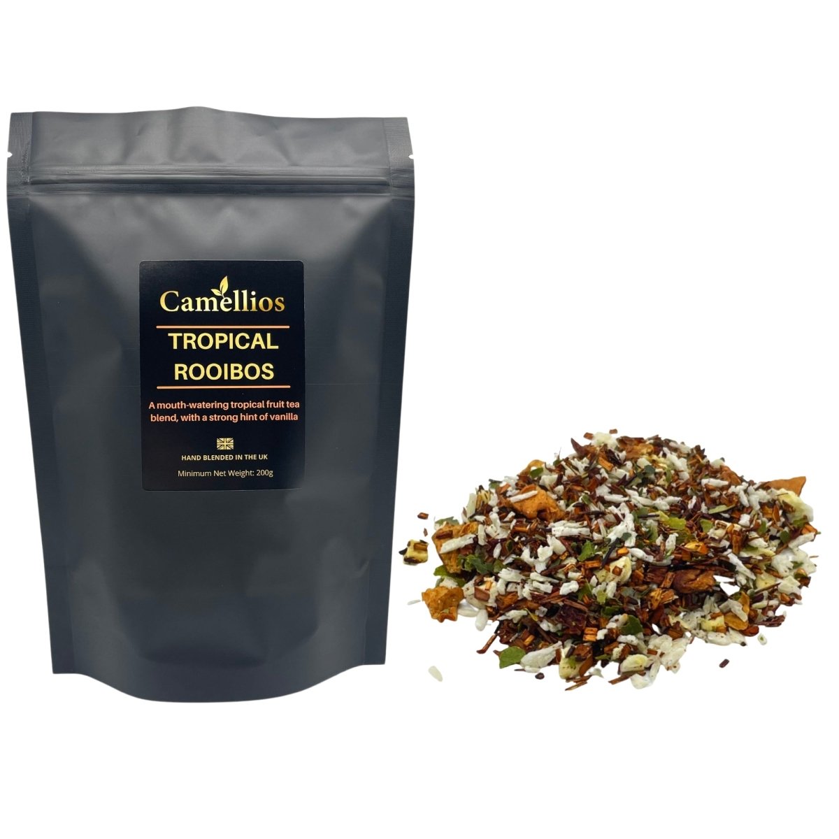 A vibrant display of Tropical Rooibos loose leaf tea with tropical fruits and vanilla pieces, showcasing its colorful ingredients.