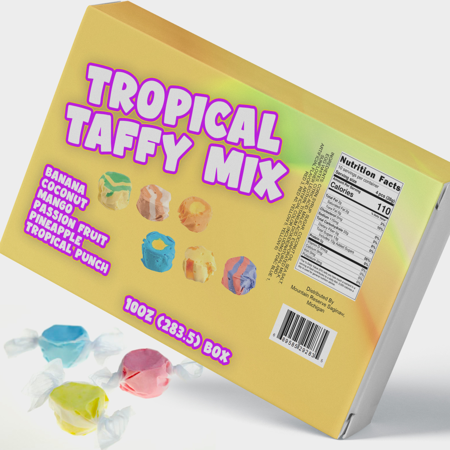 A colorful Tropical Taffy Box filled with assorted berry-flavored salt water taffy, beautifully packaged for gifting.