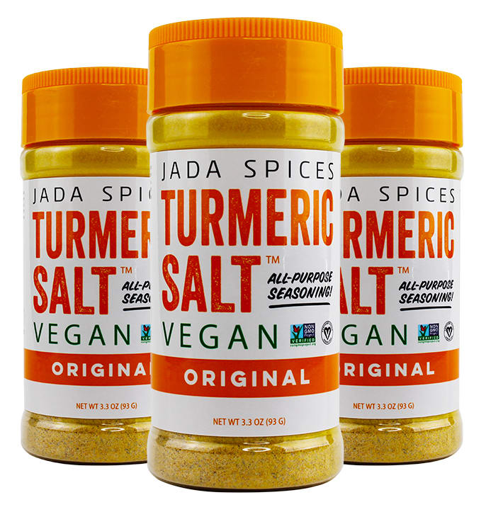 Turmeric Salt - 3 Pack Combo featuring vibrant yellow turmeric seasoning in three jars, ideal for enhancing flavors in various dishes.