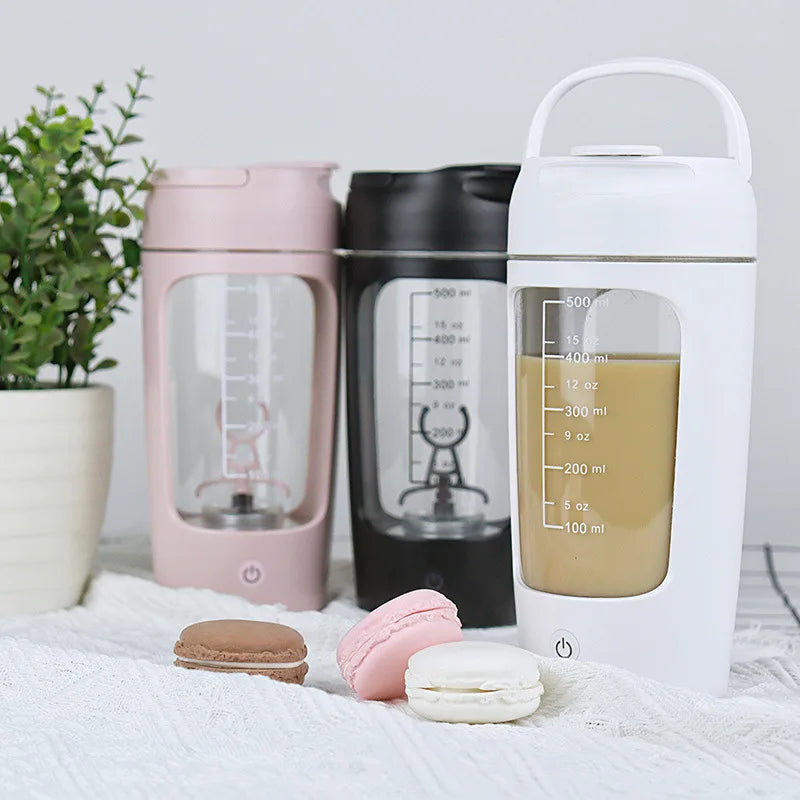 USB Electric Protein Shaker Bottle in pink color, showcasing its sleek design and portable features, perfect for mixing protein shakes.