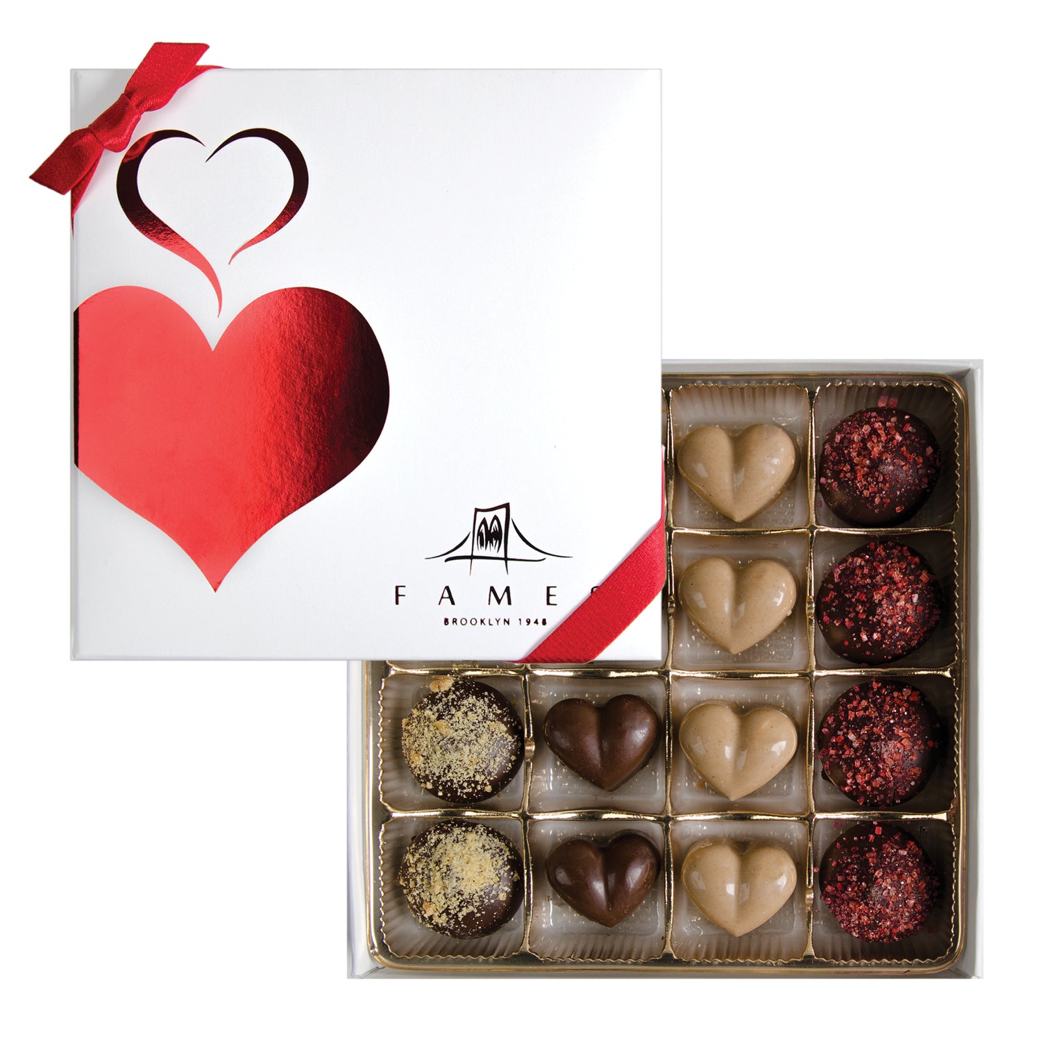 A beautifully arranged heart-shaped gift box filled with assorted handcrafted chocolates, perfect for Valentine's Day gifting.