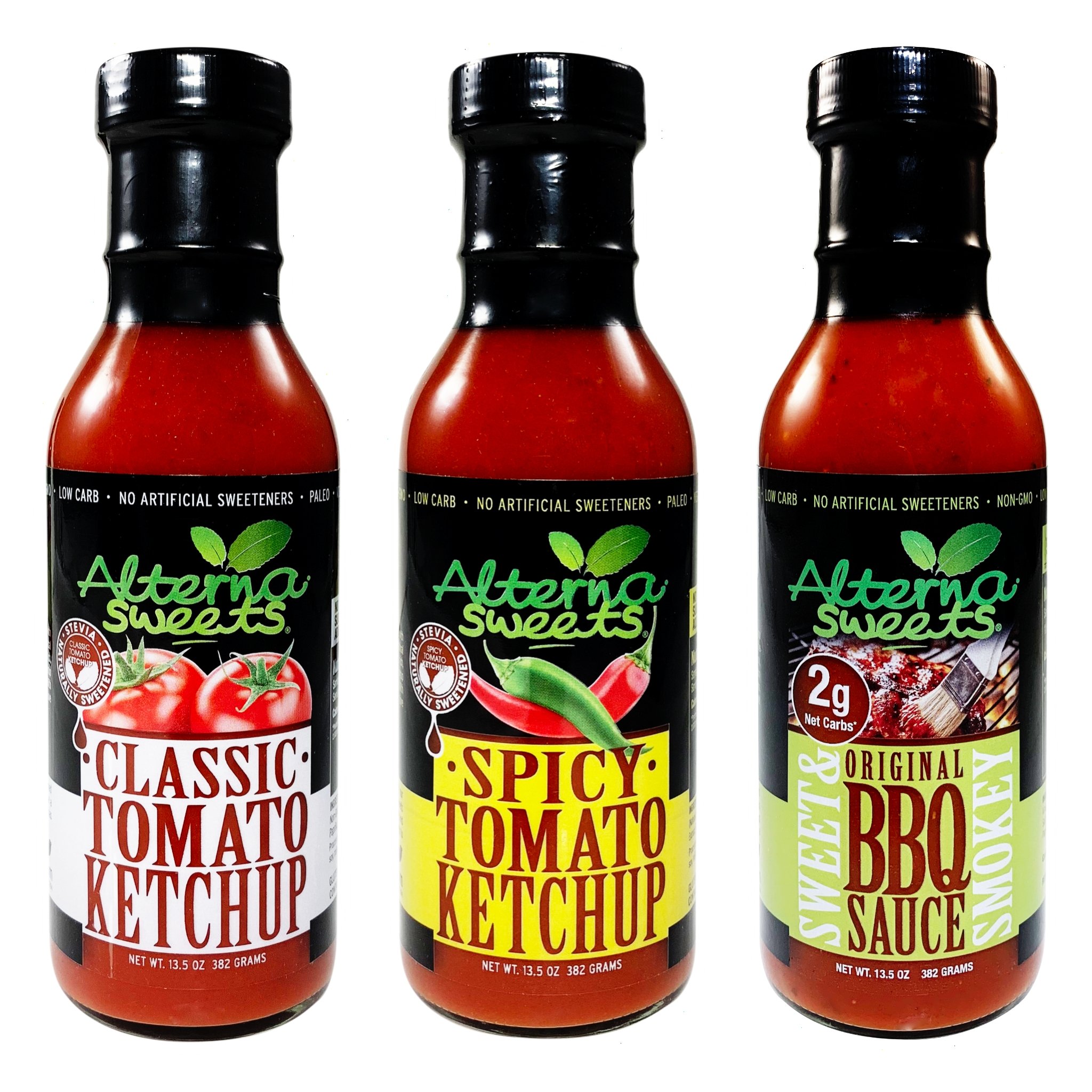 Variety 3 Pack featuring classic ketchup, spicy ketchup, and BBQ sauce in stylish bottles, perfect for enhancing meals.