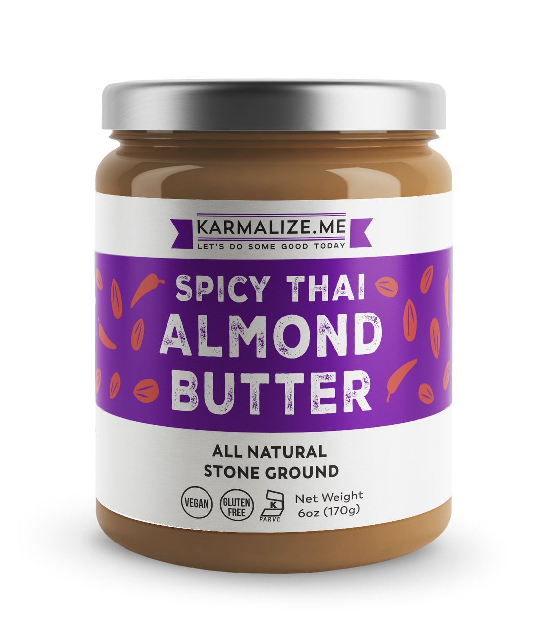 A jar of Vegan Spicy Thai Almond Butter with a rich, creamy texture and vibrant spices, showcasing its unique Thai-inspired flavor.