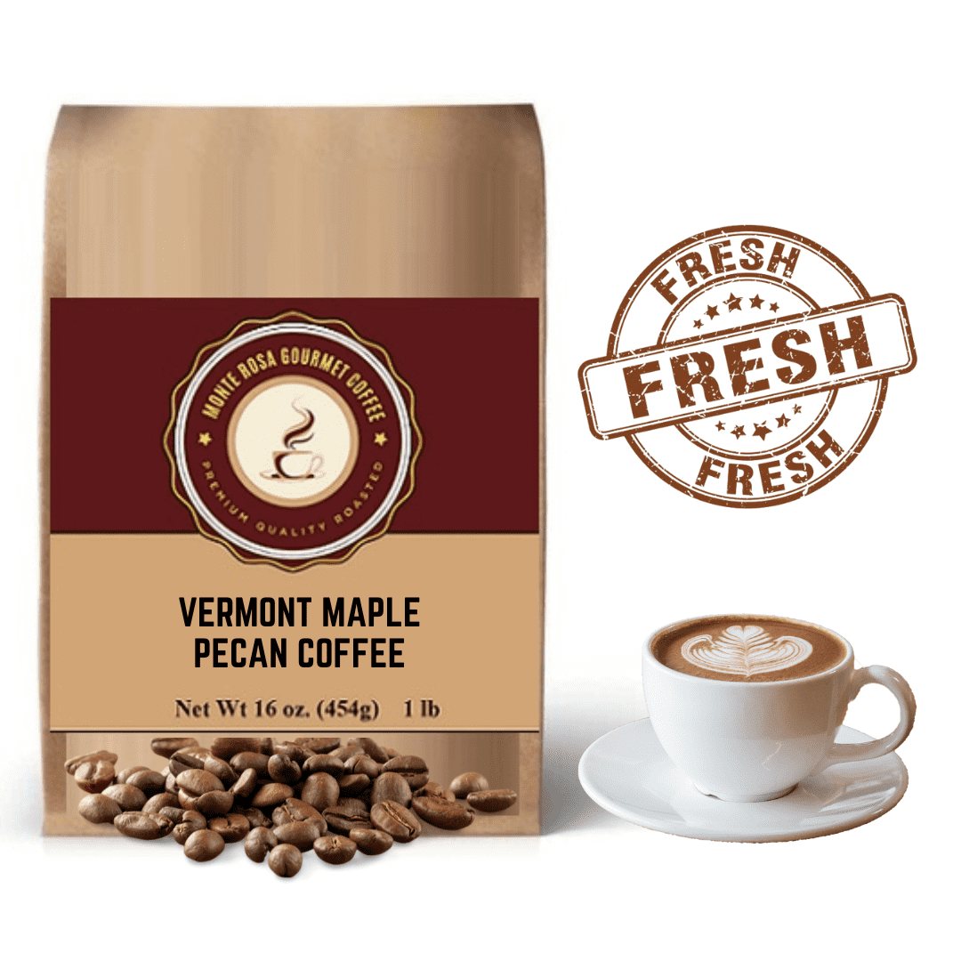 A bag of Vermont Maple Pecan flavored coffee showcasing its rich, aromatic blend of maple syrup and pecan flavors.