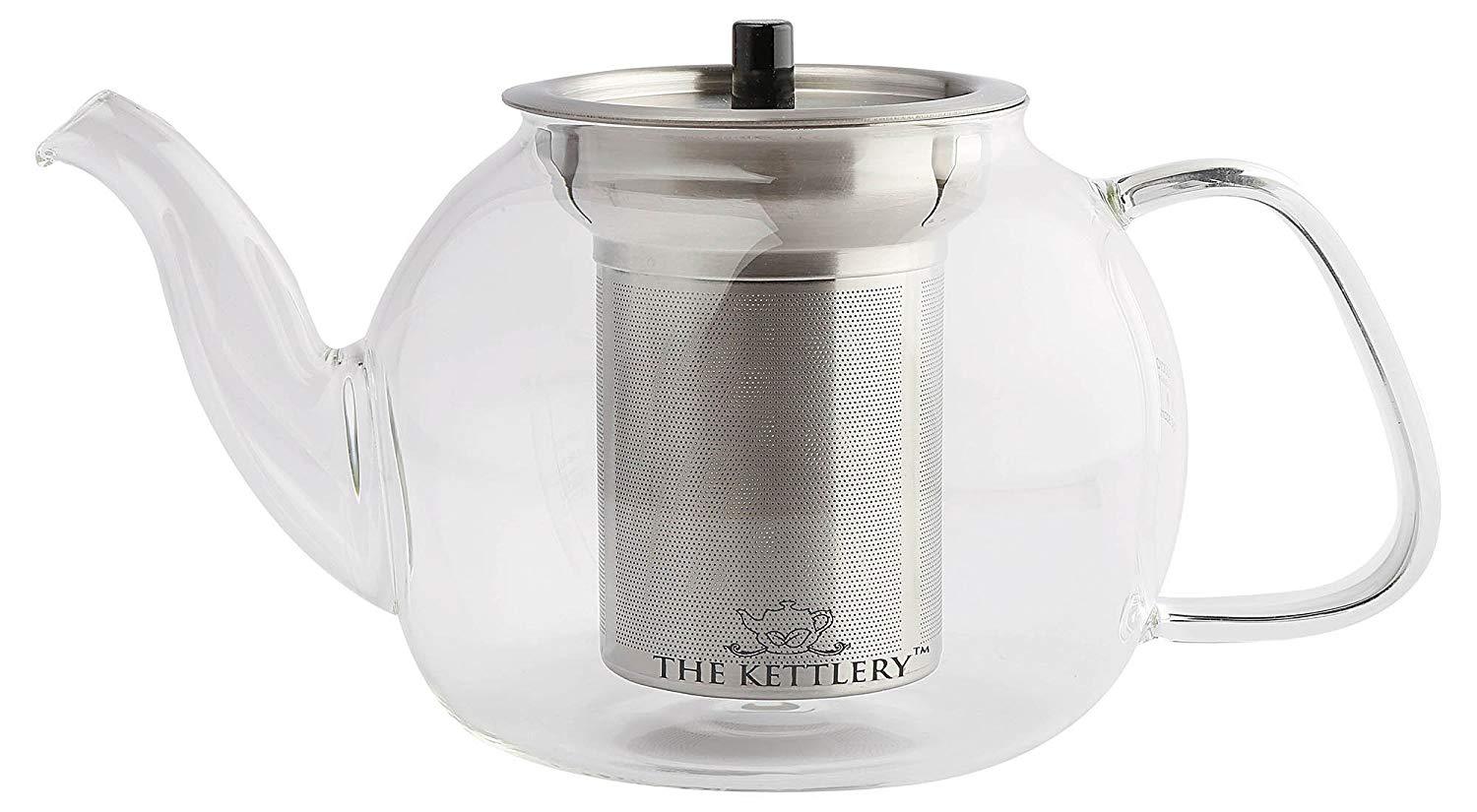 Victoria Tea Kettle made of borosilicate glass with a stainless steel infuser, featuring an elegant curvy design.