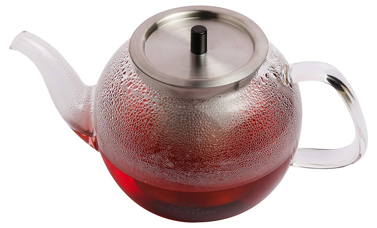 Victoria Tea Kettle made of borosilicate glass with a stainless steel infuser, featuring an elegant curvy design.