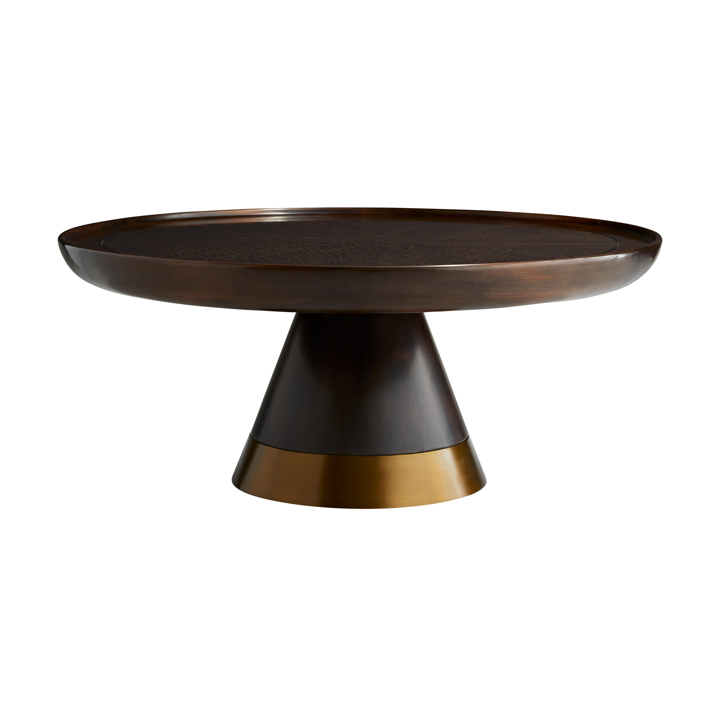 Violi Cocktail Table featuring a brindle finish and antique brass ring, showcasing geometric design and sturdy pedestal base.