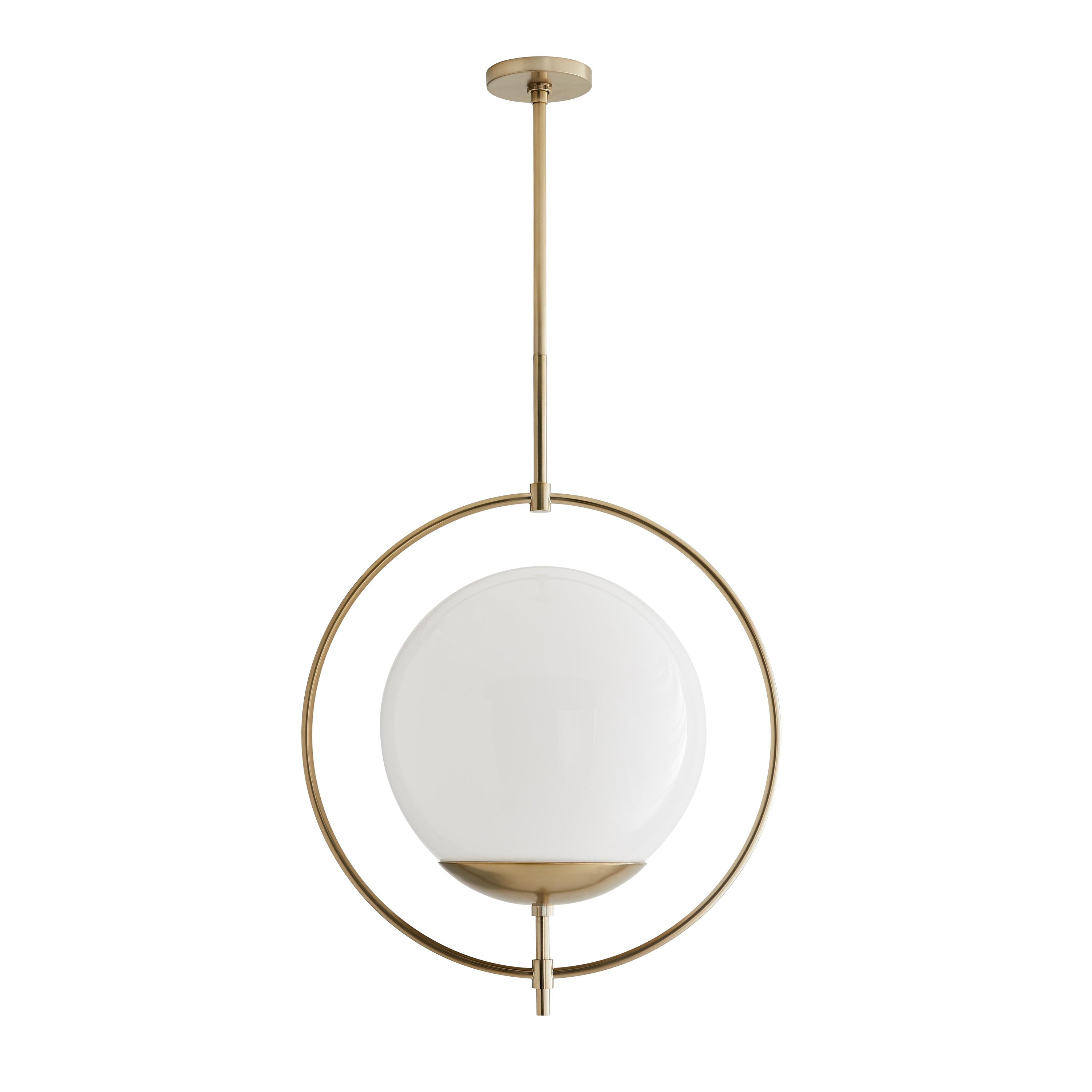 Volta Pendant light featuring an opal glass globe suspended by a pale brass steel pipe, showcasing a modern and elegant design.