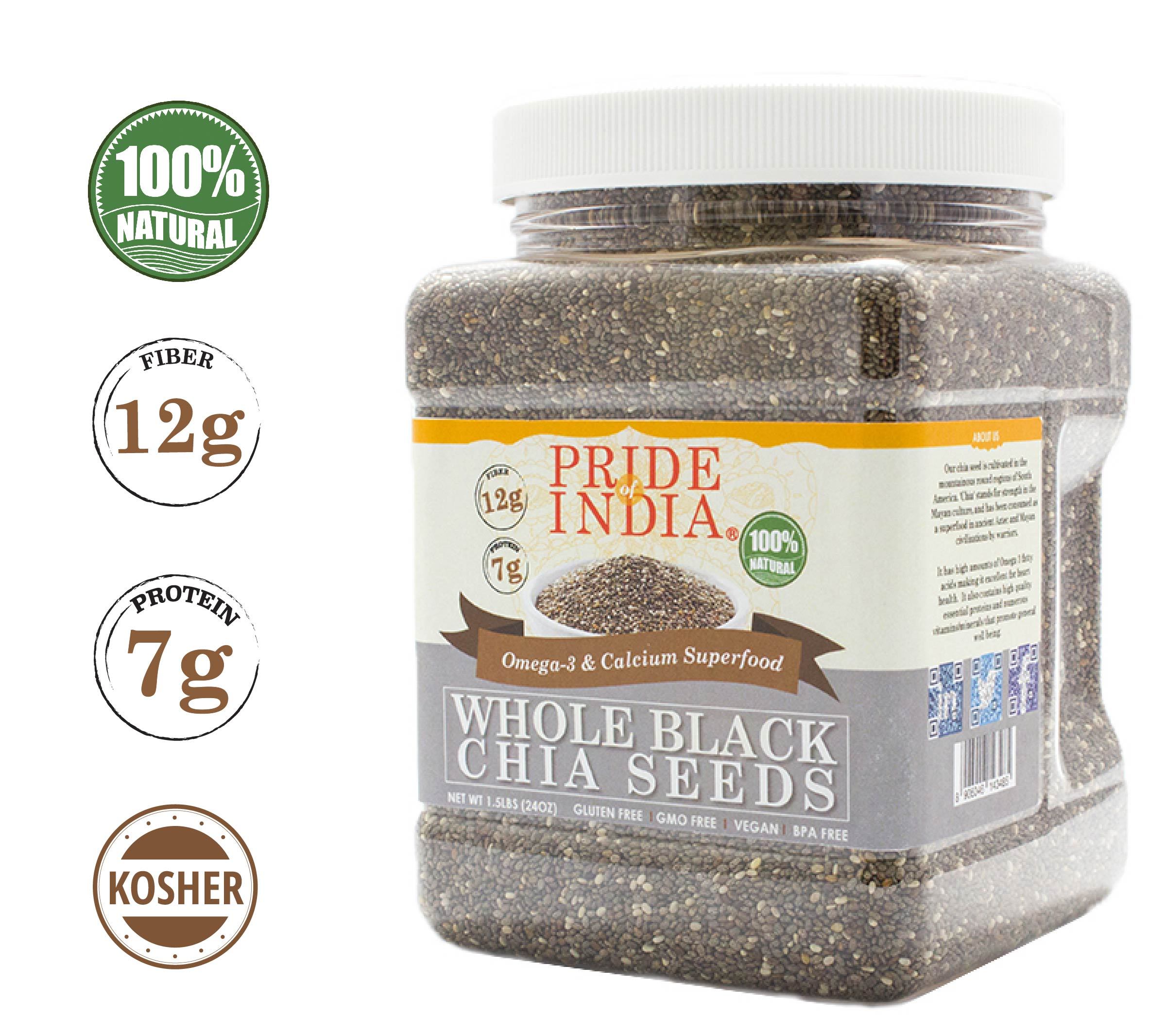 A jar of Whole Black Chia Seeds showcasing the rich black seeds, emphasizing their health benefits and natural origins.