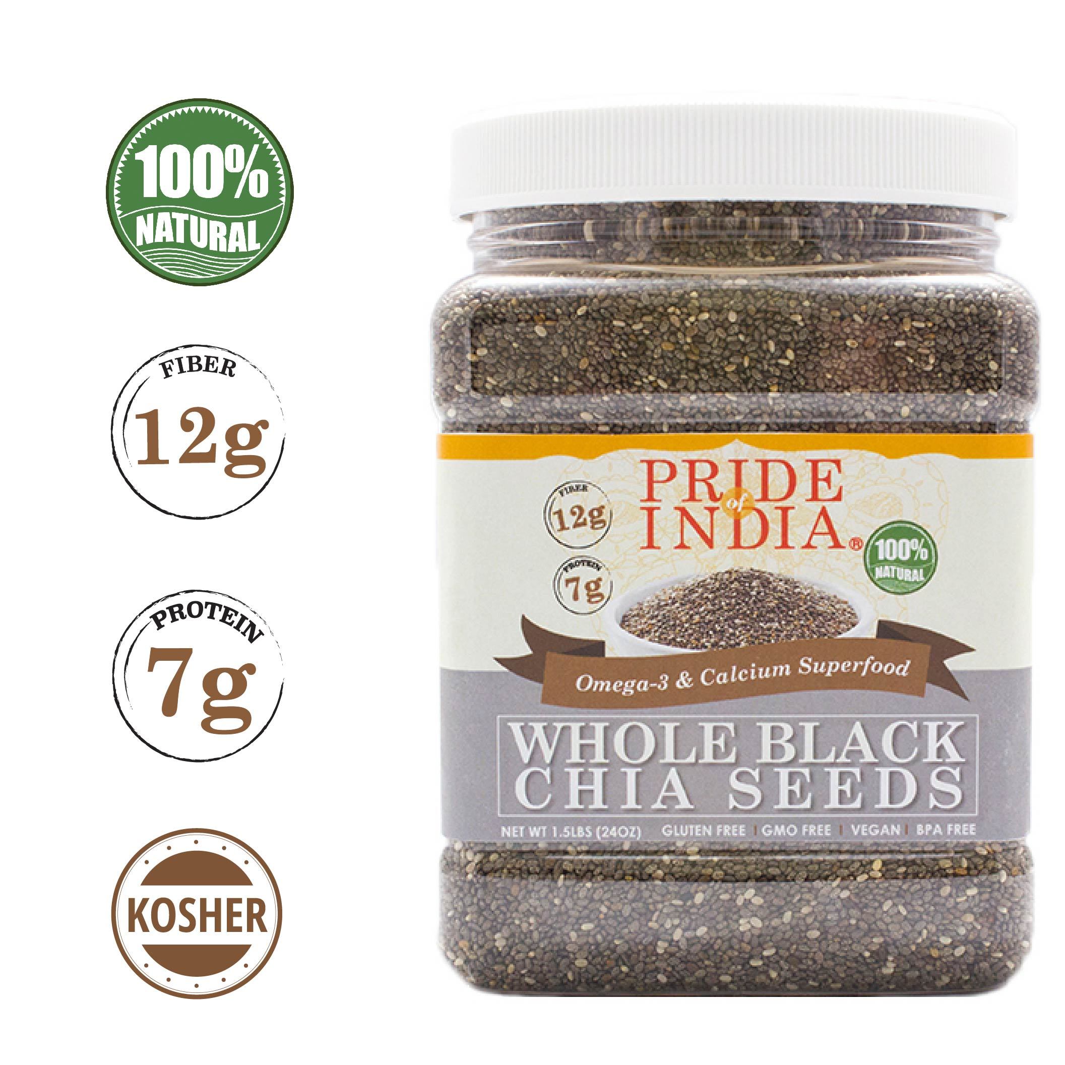 A jar of Whole Black Chia Seeds showcasing the rich black seeds, emphasizing their health benefits and natural origins.