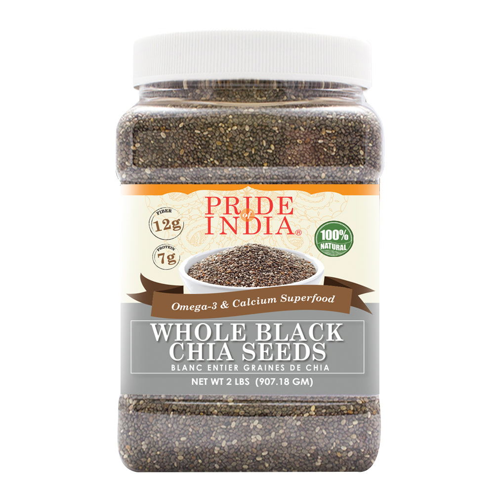 A jar of Whole Black Chia Seeds showcasing the rich black seeds, emphasizing their health benefits and natural origins.