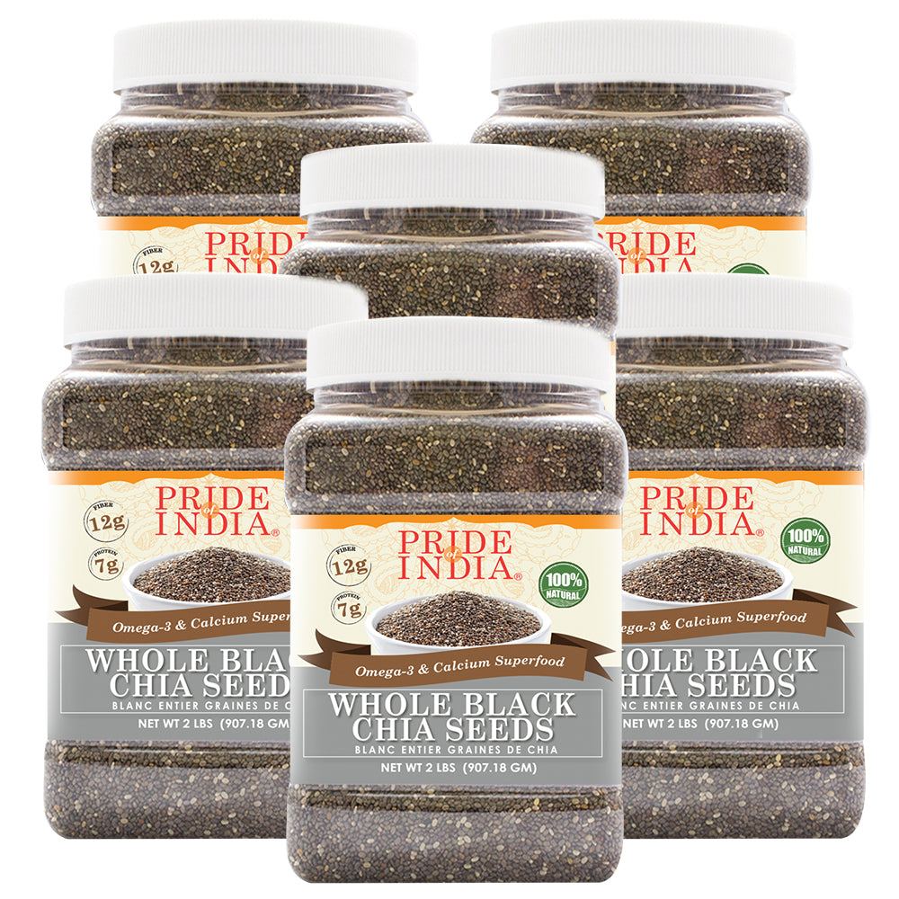 A jar of Whole Black Chia Seeds showcasing the rich black seeds, emphasizing their health benefits and natural origins.