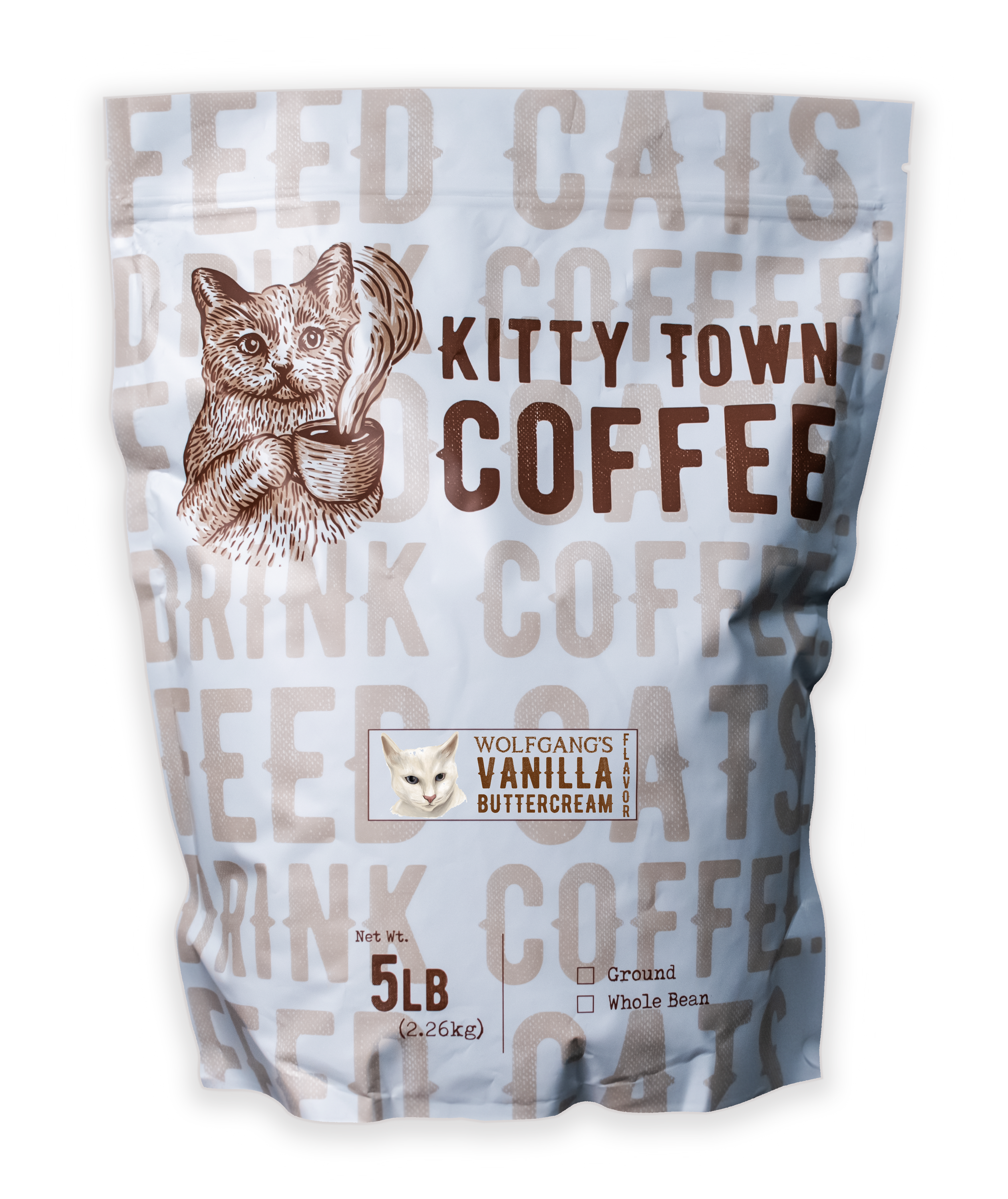 A bag of Wolfgang's Vanilla Buttercream coffee featuring light roast Brazilian coffee with a creamy vanilla buttercream flavor.