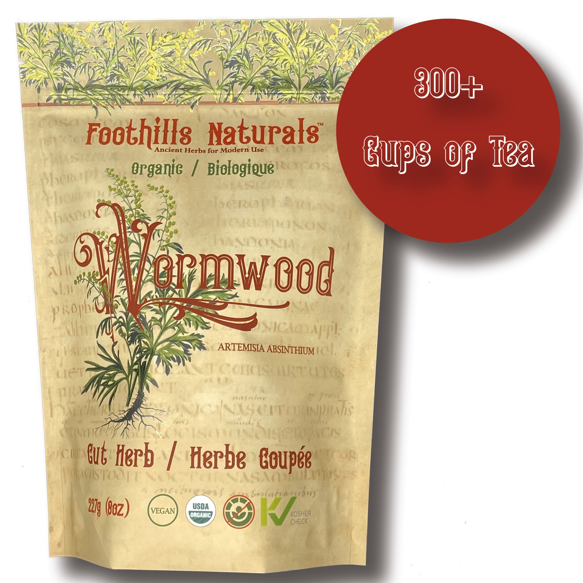 Organic Wormwood Herb Cut and Sifted in a clear package, showcasing its fine, cut leaves.