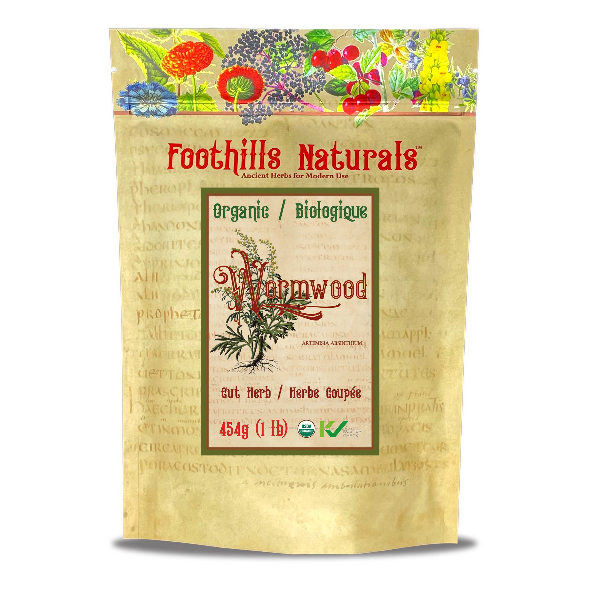 Organic Wormwood Herb Cut and Sifted in a clear package, showcasing its fine, cut leaves.