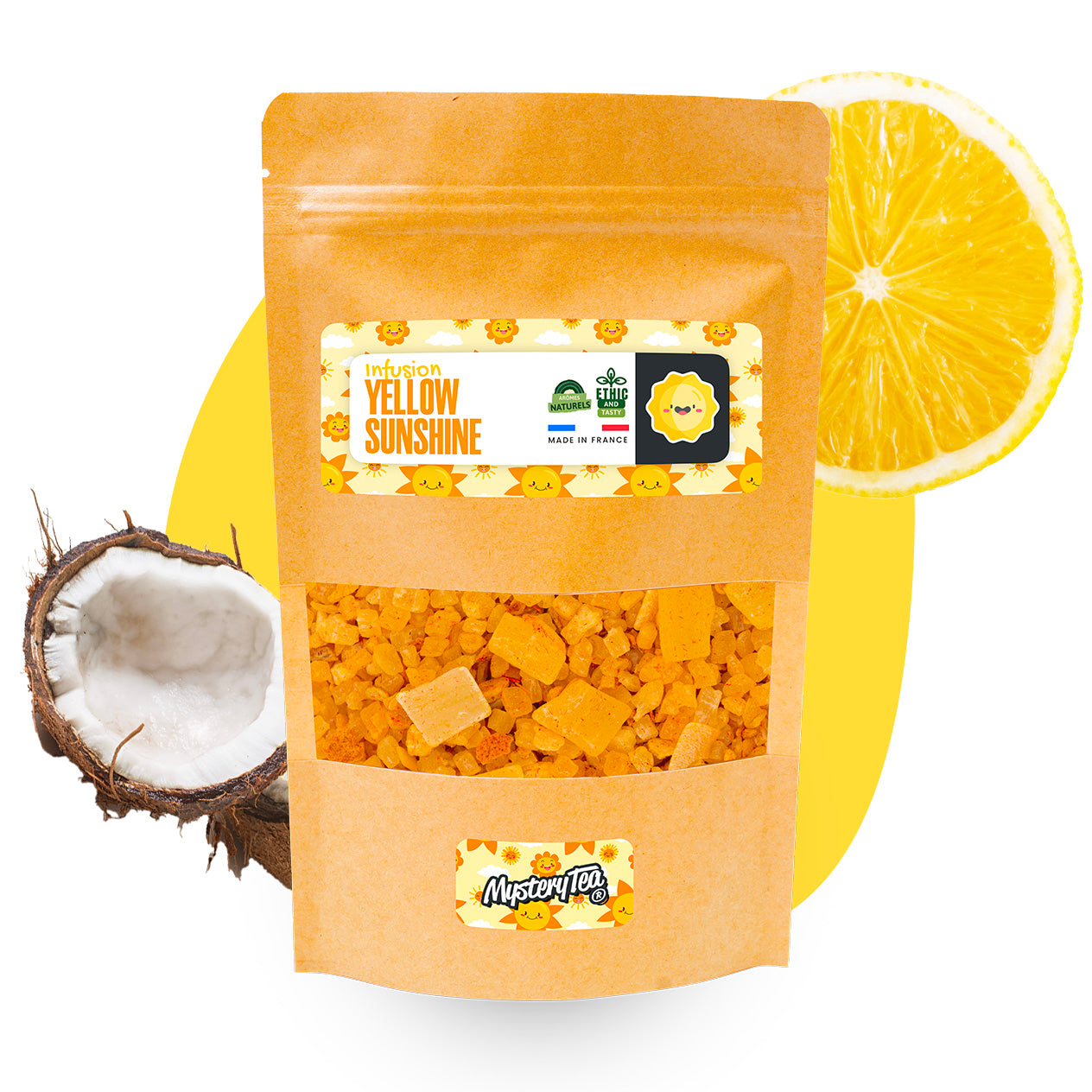 A vibrant cup of Yellow Sunshine infusion with tropical fruits like lemon, coconut, and pineapple, surrounded by fresh ingredients.